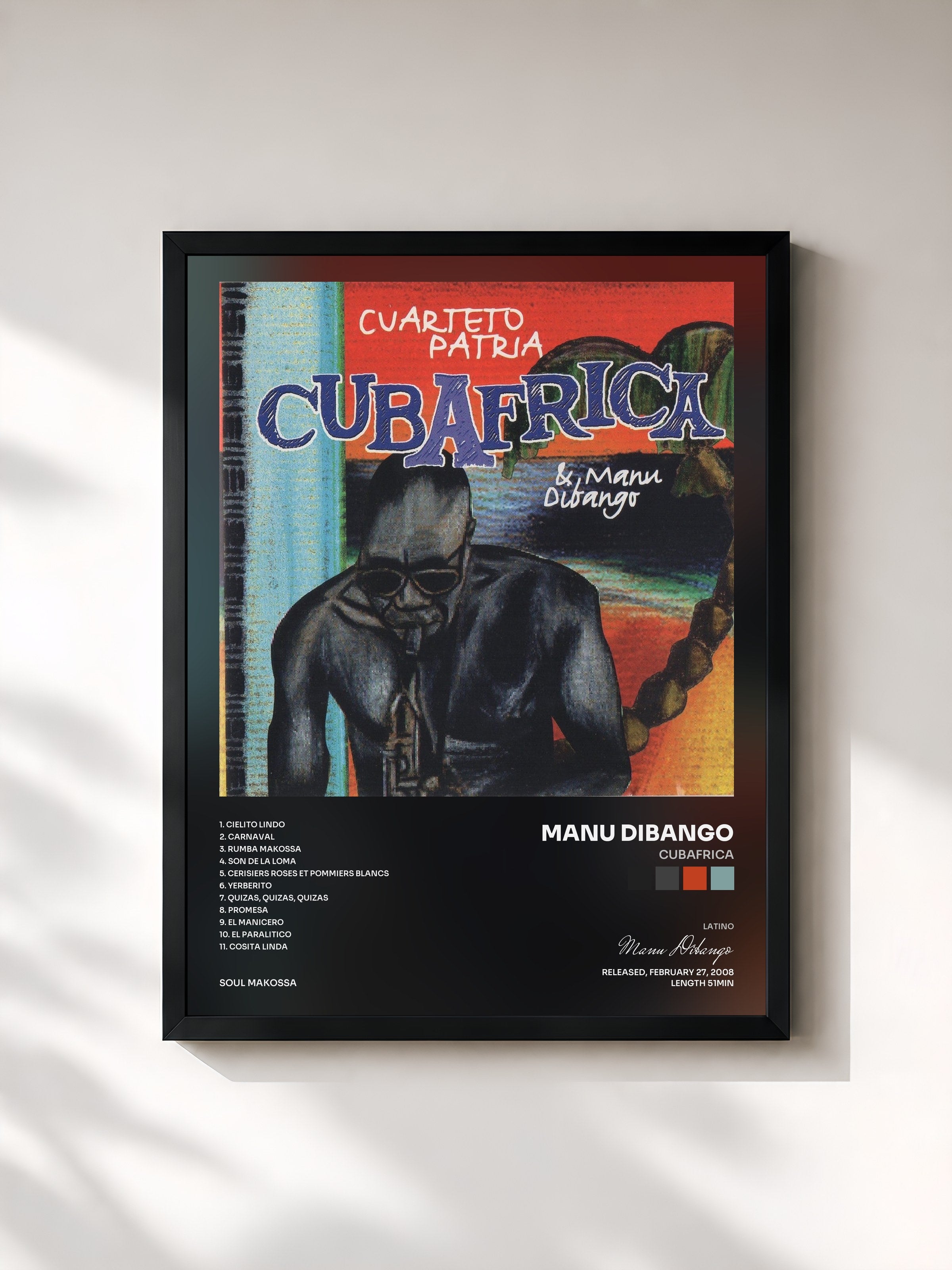 #noir Tableau de l'album Cubafrica de Manu Dibango, cadre noir, imprimé et encadré en France