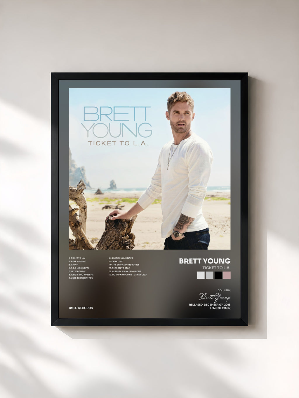 #noir Tableau de l'album Ticket To L.A. de Brett Young, cadre noir, imprimé et encadré en France