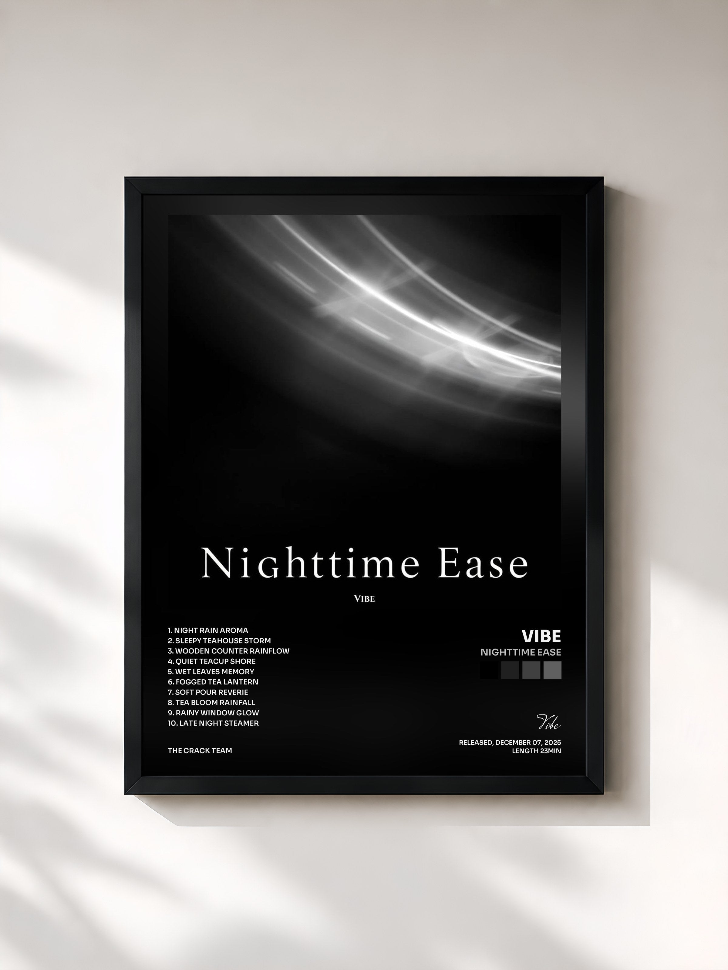 #noir Tableau de l'album Nighttime Ease de Vibe, cadre noir, imprimé et encadré en France
