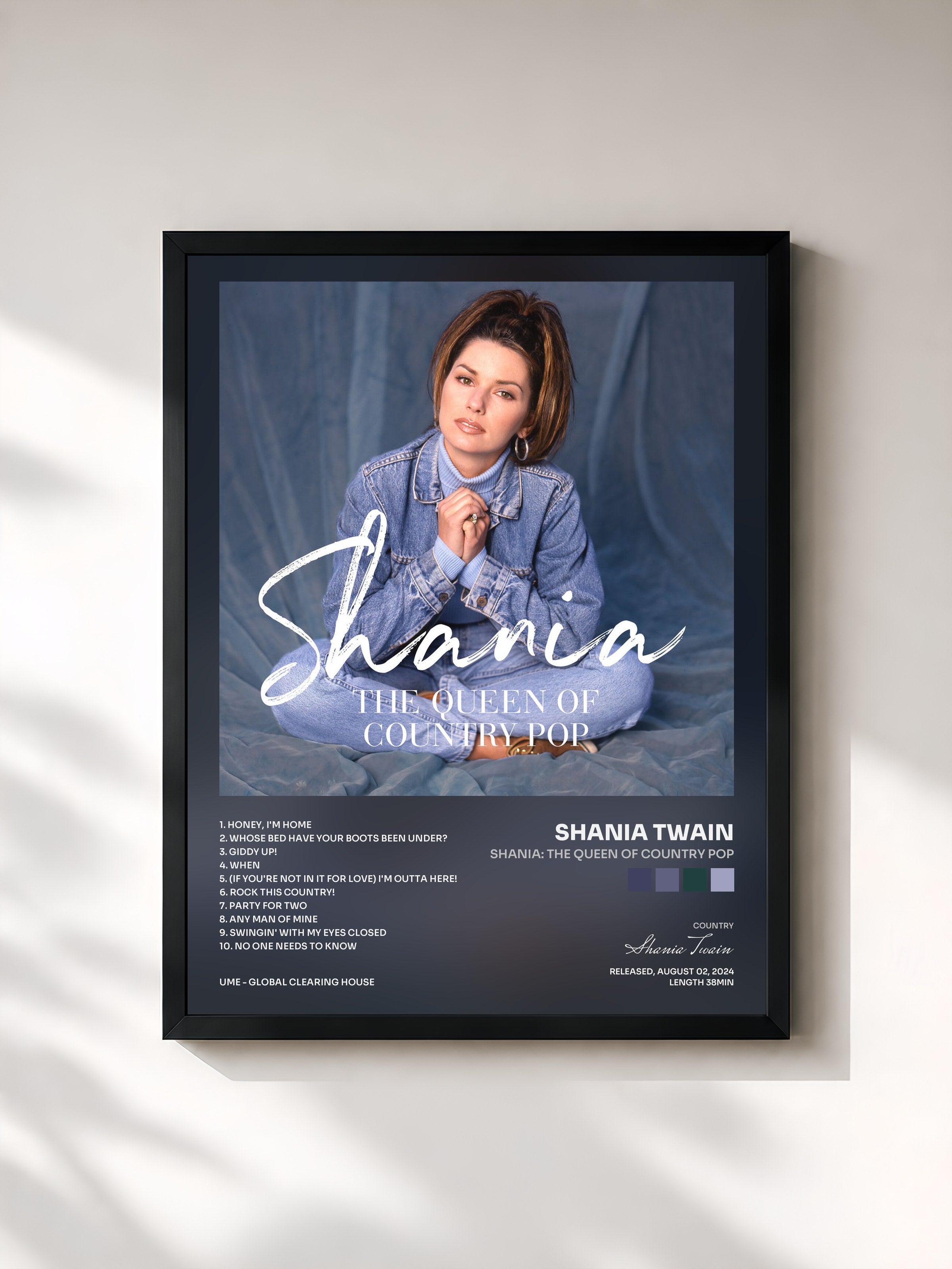 #noir Tableau de l'album Shania: The Queen Of Country Pop de Shania Twain, cadre noir, imprimé et encadré en France