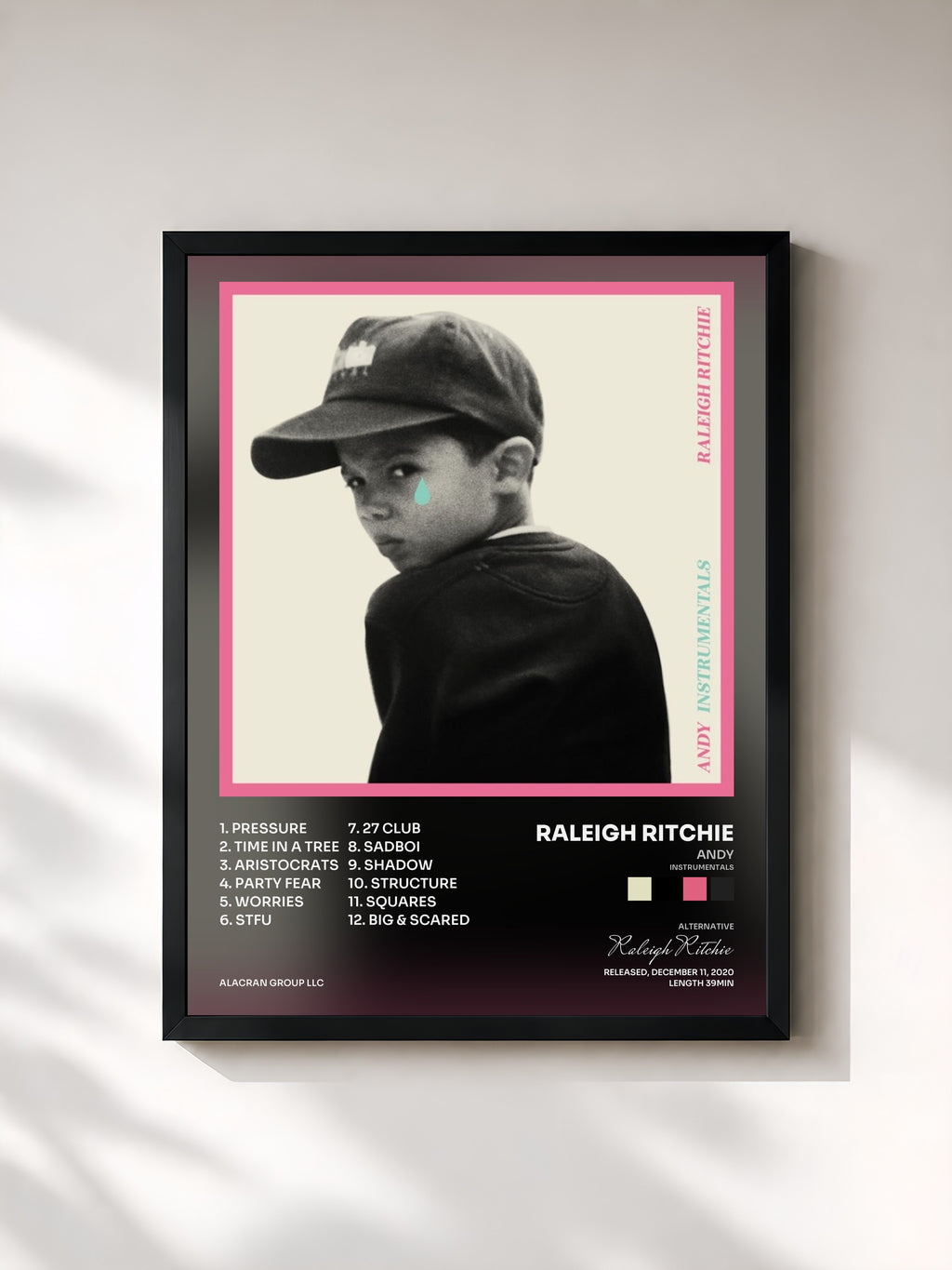 #noir Tableau de l'album Andy (Instrumentals) de Raleigh Ritchie, cadre noir, imprimé et encadré en France