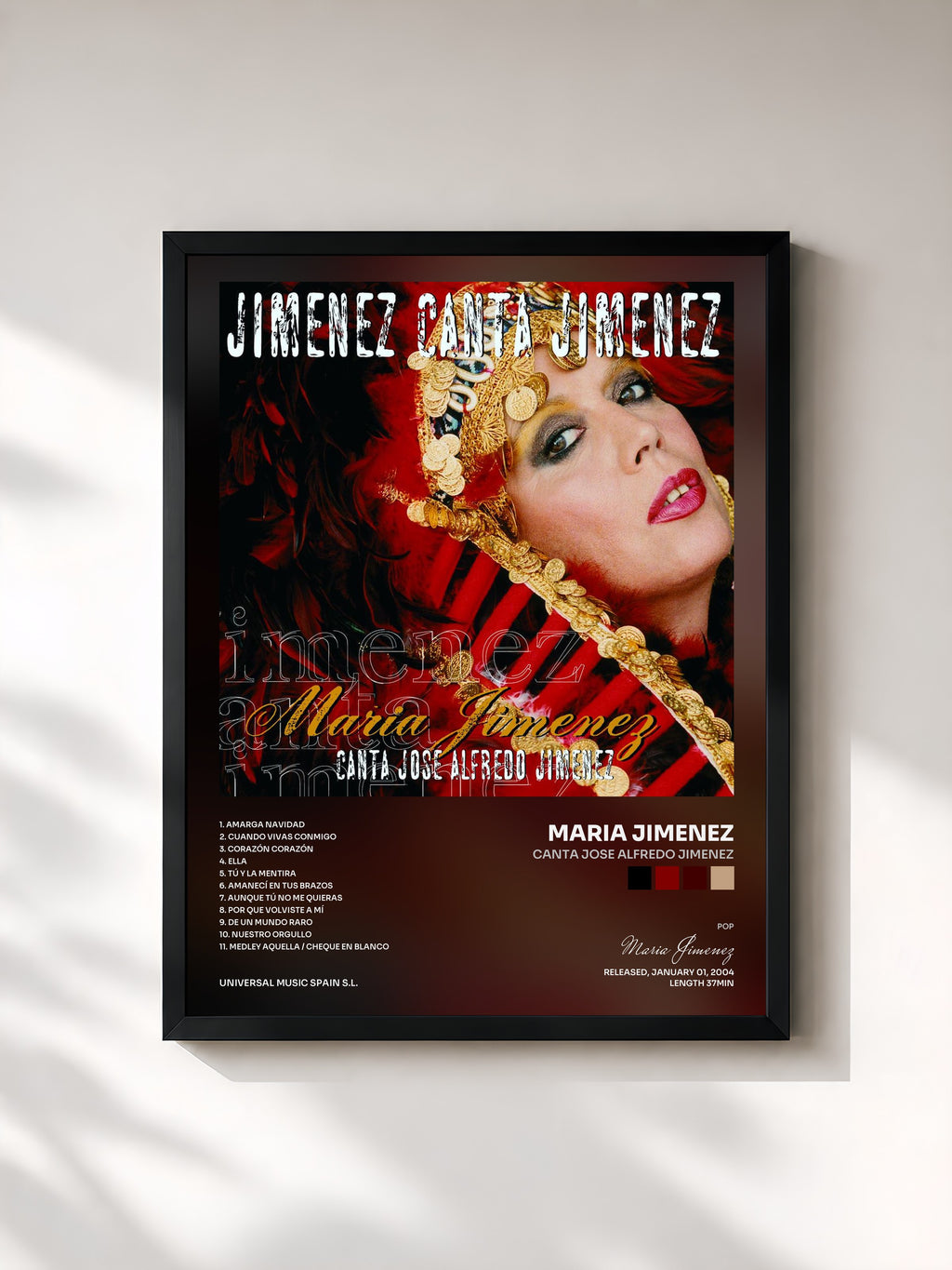 #noir Tableau de l'album Canta Jose Alfredo Jimenez de Maria Jimenez, cadre noir, imprimé et encadré en France