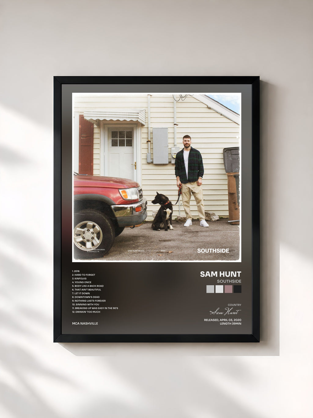 #noir Tableau de l'album SOUTHSIDE de Sam Hunt, cadre noir, imprimé et encadré en France
