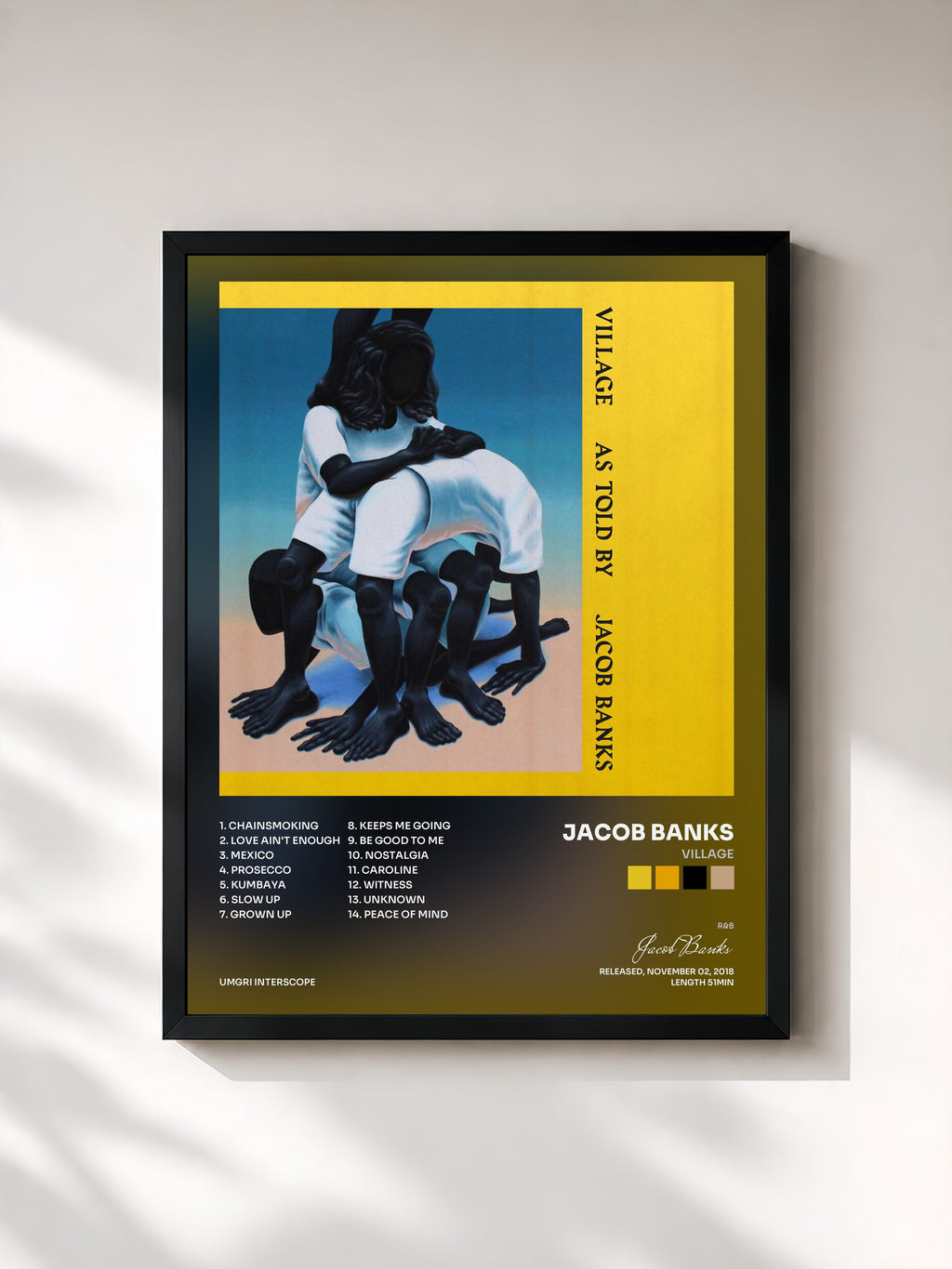 #noir Tableau de l'album Village de Jacob Banks, cadre noir, imprimé et encadré en France