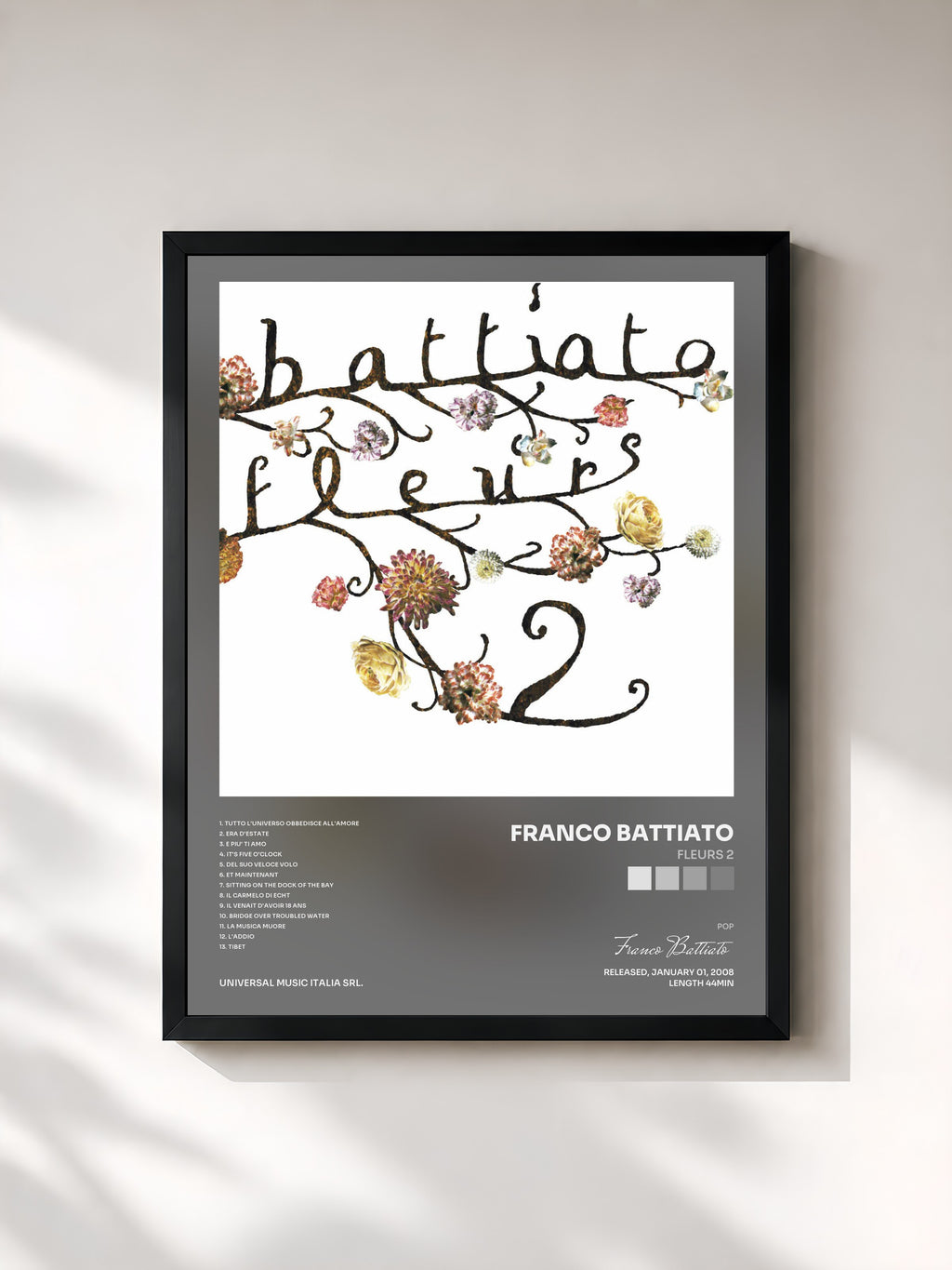 #noir Tableau de l'album Fleurs 2 de Franco Battiato, cadre noir, imprimé et encadré en France