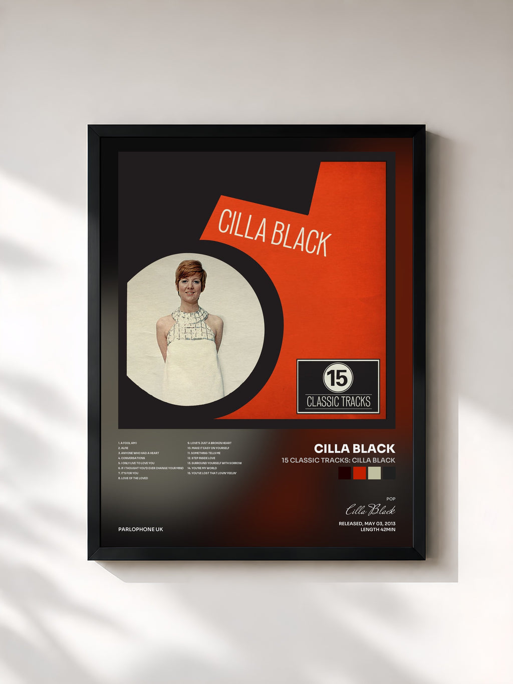 #noir Tableau de l'album 15 Classic Tracks: Cilla Black de Cilla Black, cadre noir, imprimé et encadré en France
