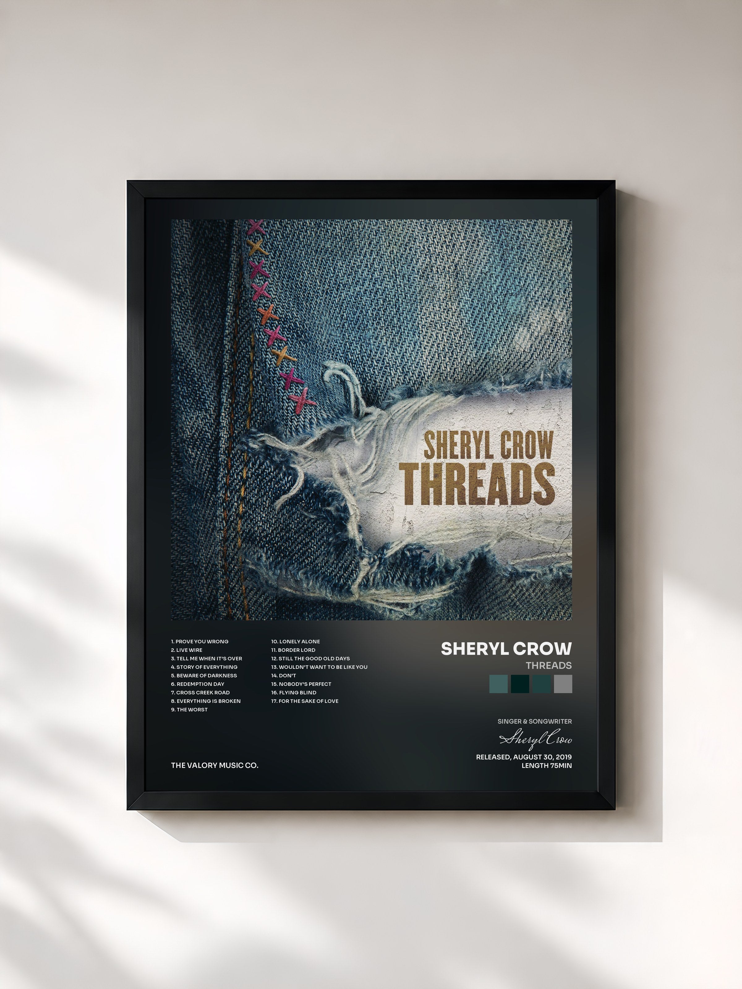 #noir Tableau de l'album Threads de Sheryl Crow, cadre noir, imprimé et encadré en France