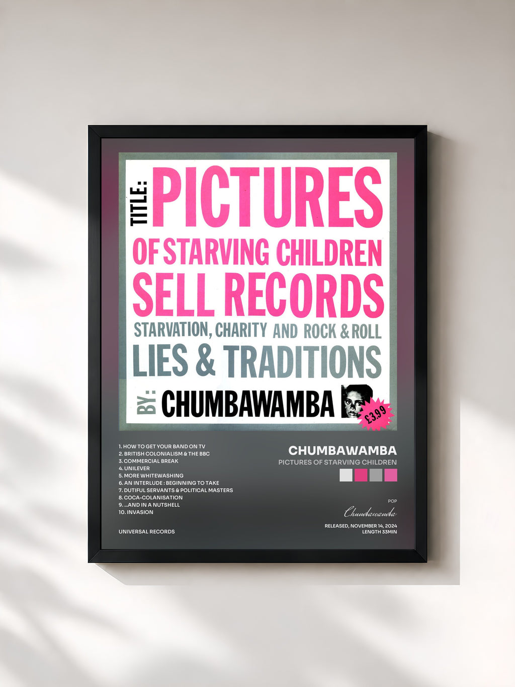 #noir Tableau de l'album Pictures of Starving Children de Chumbawamba, cadre noir, imprimé et encadré en France