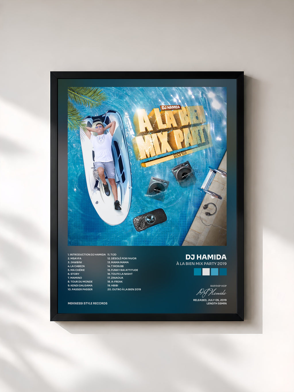 #noir Tableau de l'album À la bien Mix Party 2019 de DJ Hamida, cadre noir, imprimé et encadré en France