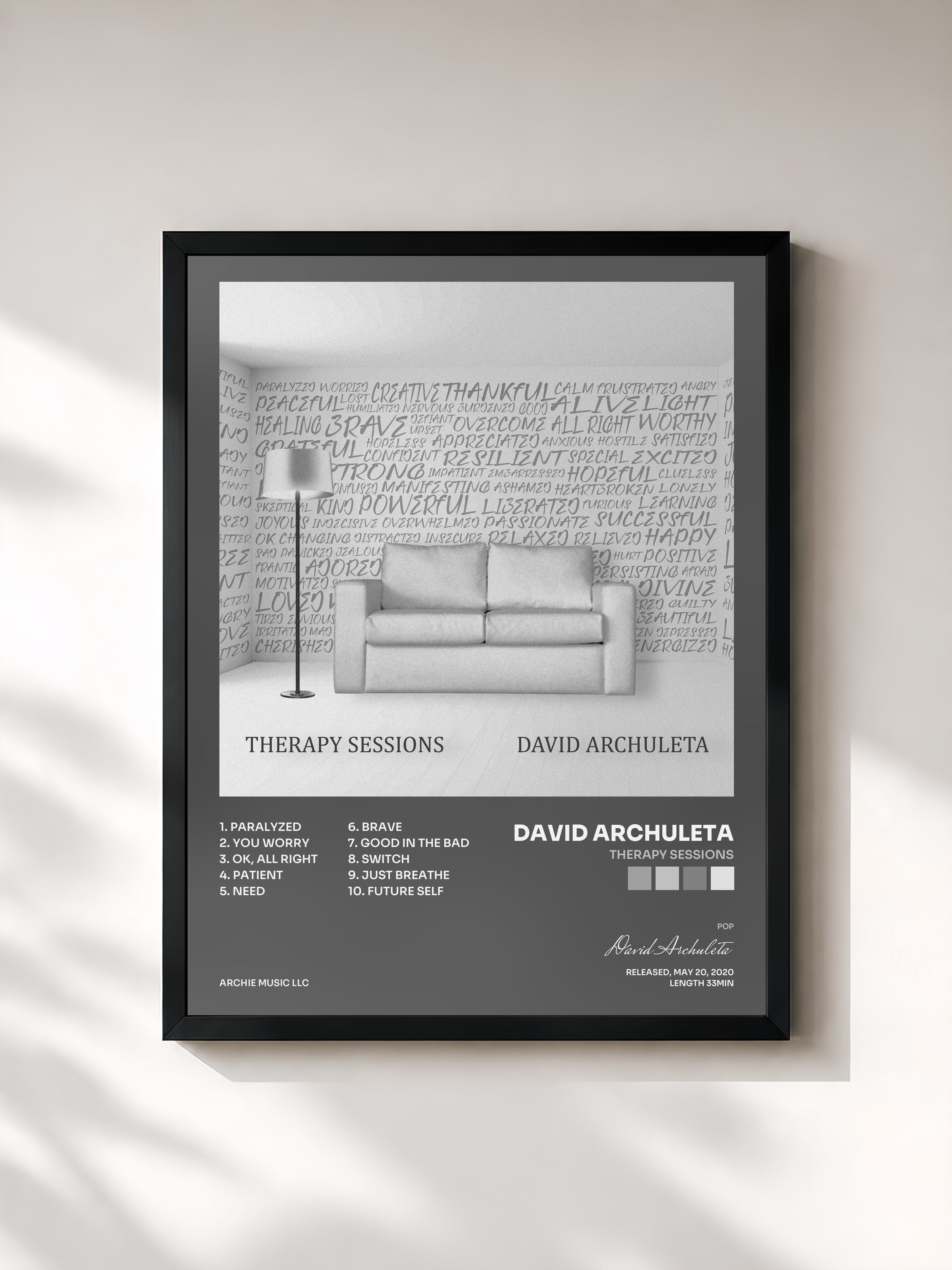 #noir Tableau de l'album Therapy Sessions de David Archuleta, cadre noir, imprimé et encadré en France