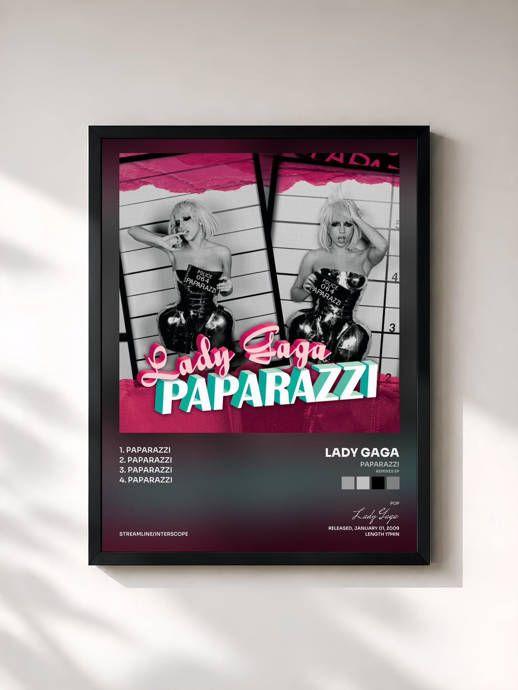 #noir Tableau de l'album Paparazzi (Remixes EP) de Lady Gaga, cadre noir, imprimé et encadré en France