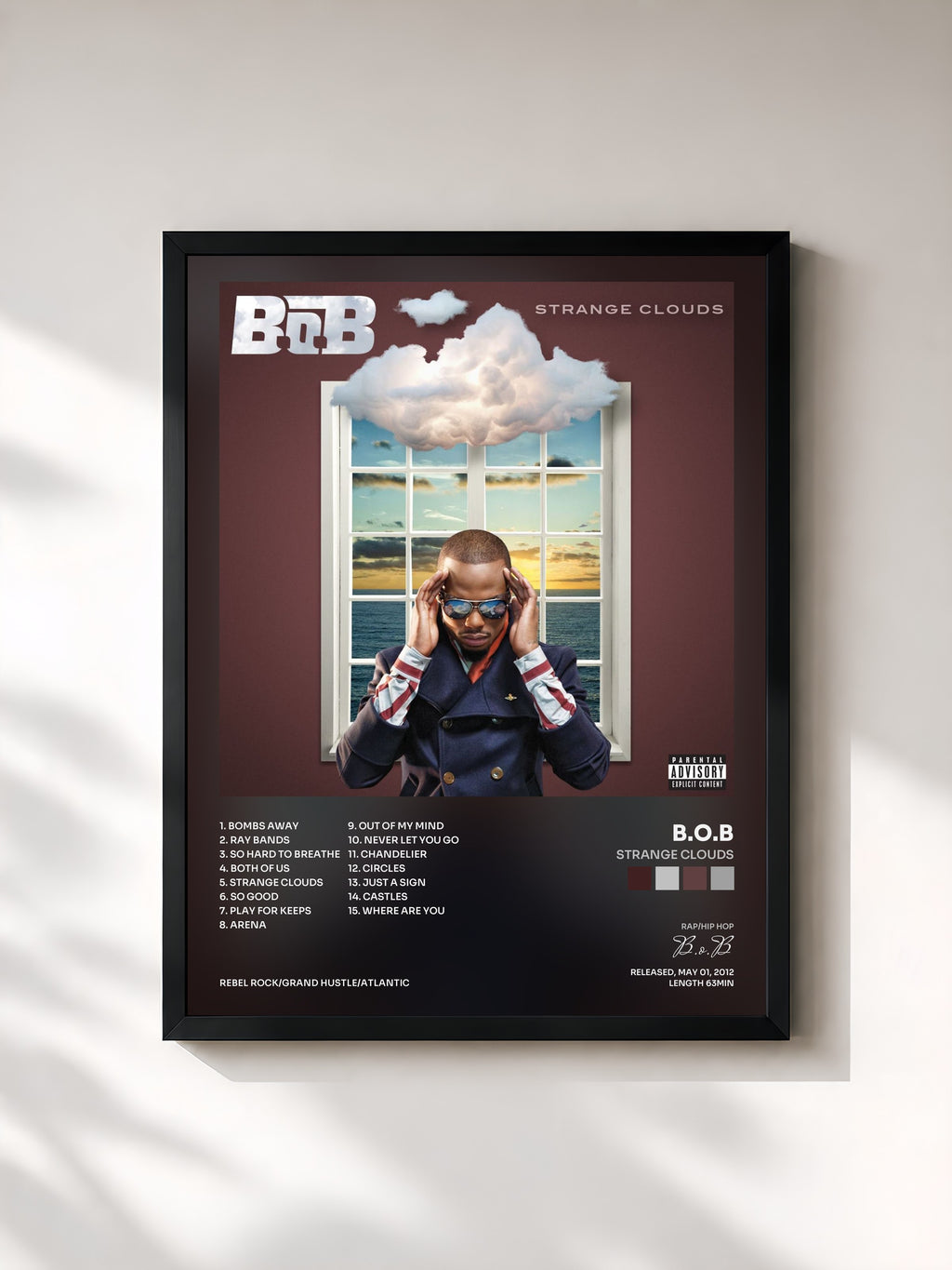 #noir Tableau de l'album Strange Clouds de B.o.B, cadre noir, imprimé et encadré en France