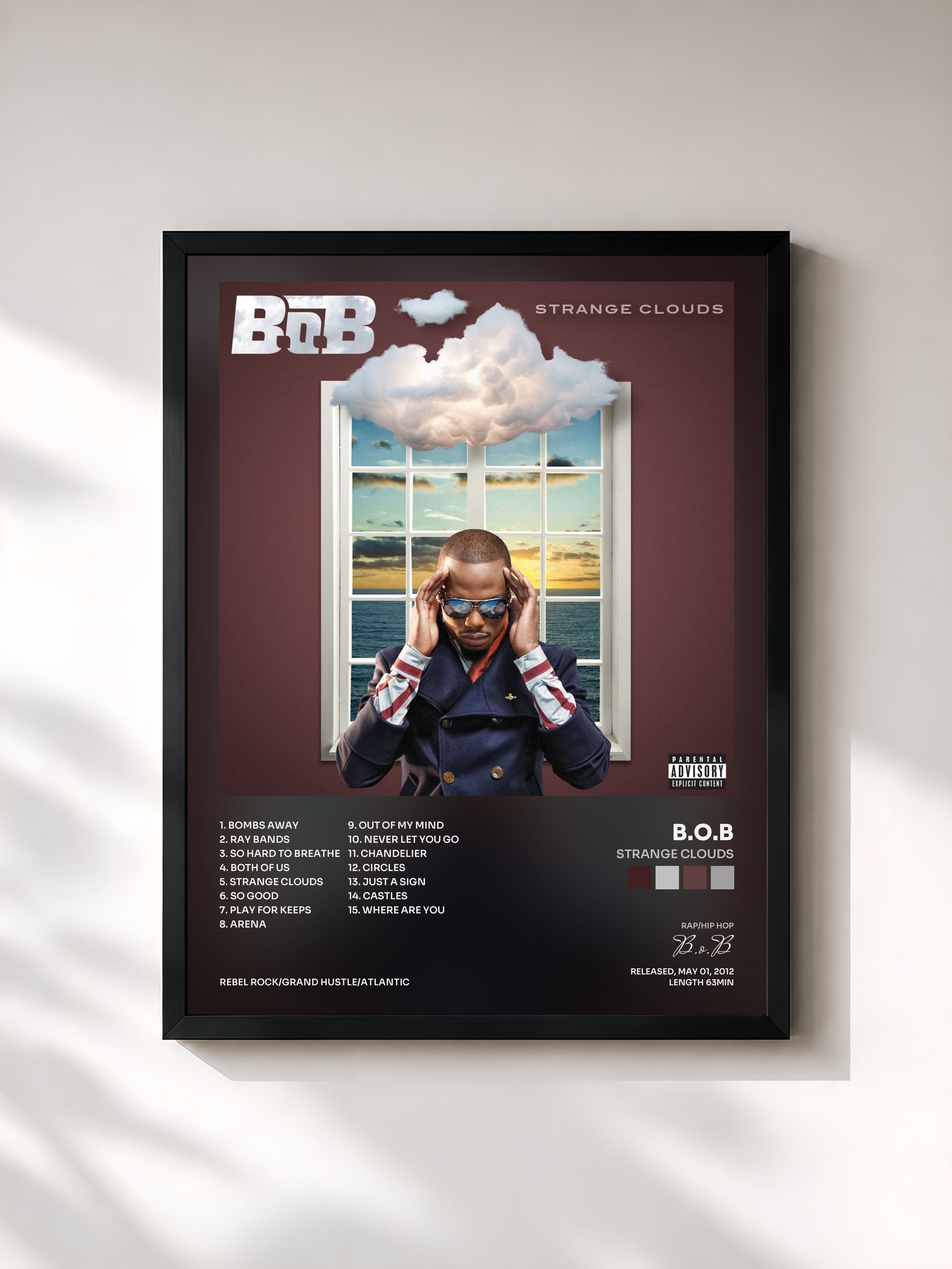 #noir Tableau de l'album Strange Clouds de B.o.B, cadre noir, imprimé et encadré en France