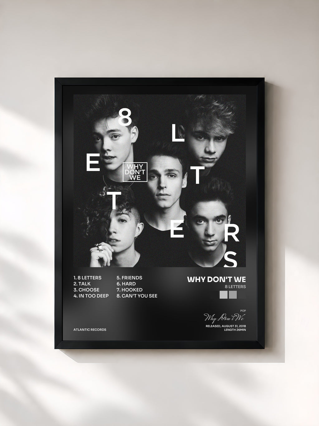 #noir Tableau de l'album 8 Letters de Why Don't We, cadre noir, imprimé et encadré en France