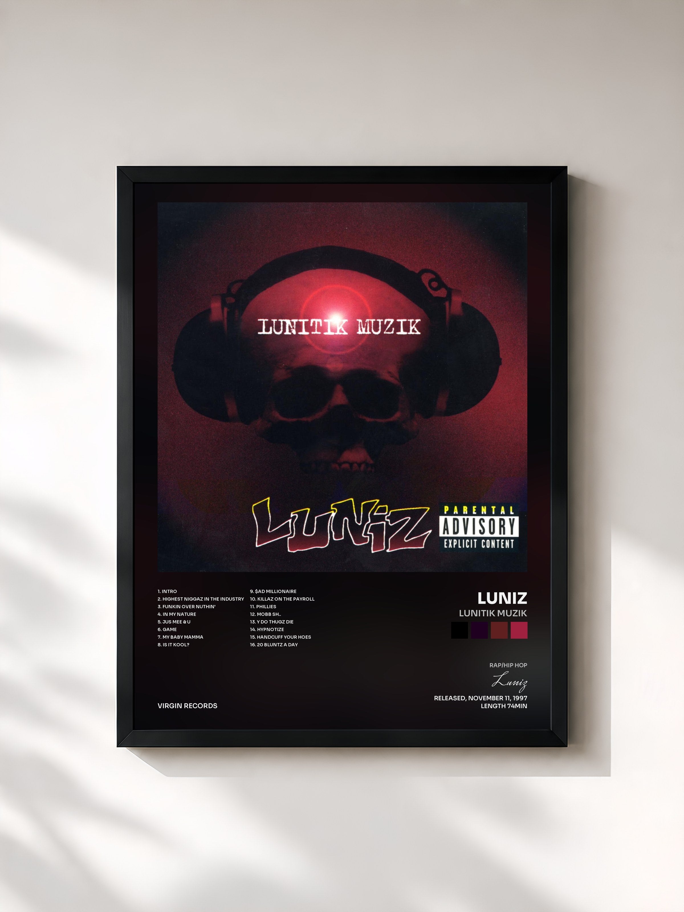 #noir Tableau de l'album Lunitik Muzik de Luniz, cadre noir, imprimé et encadré en France