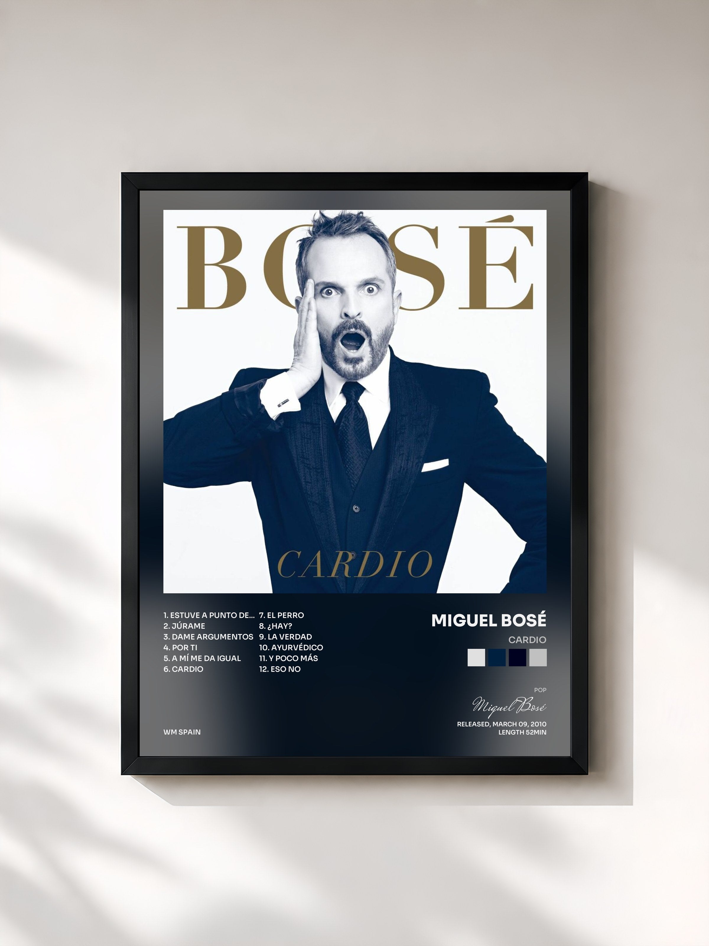 #noir Tableau de l'album Cardio de Miguel Bosé, cadre noir, imprimé et encadré en France