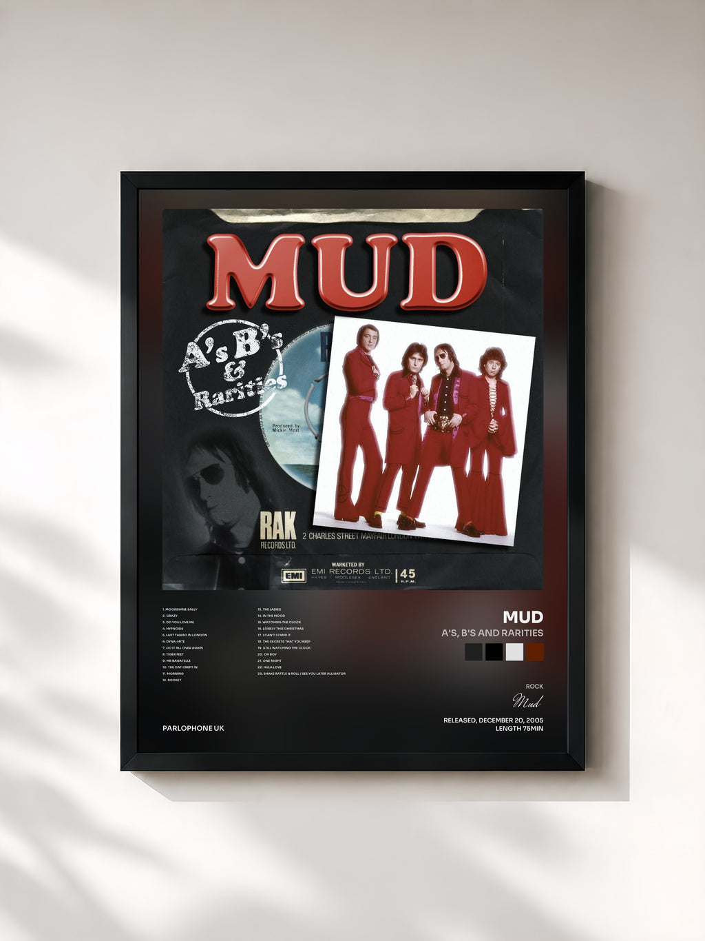 #noir Tableau de l'album A's, B's And Rarities de Mud, cadre noir, imprimé et encadré en France
