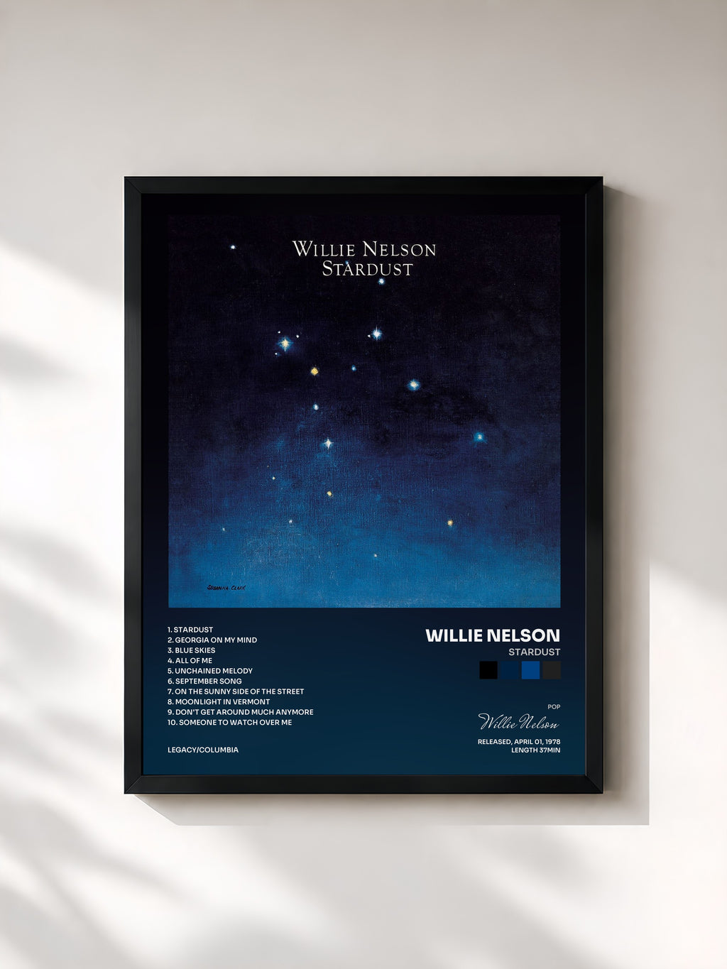 #noir Tableau de l'album Stardust de Willie Nelson, cadre noir, imprimé et encadré en France