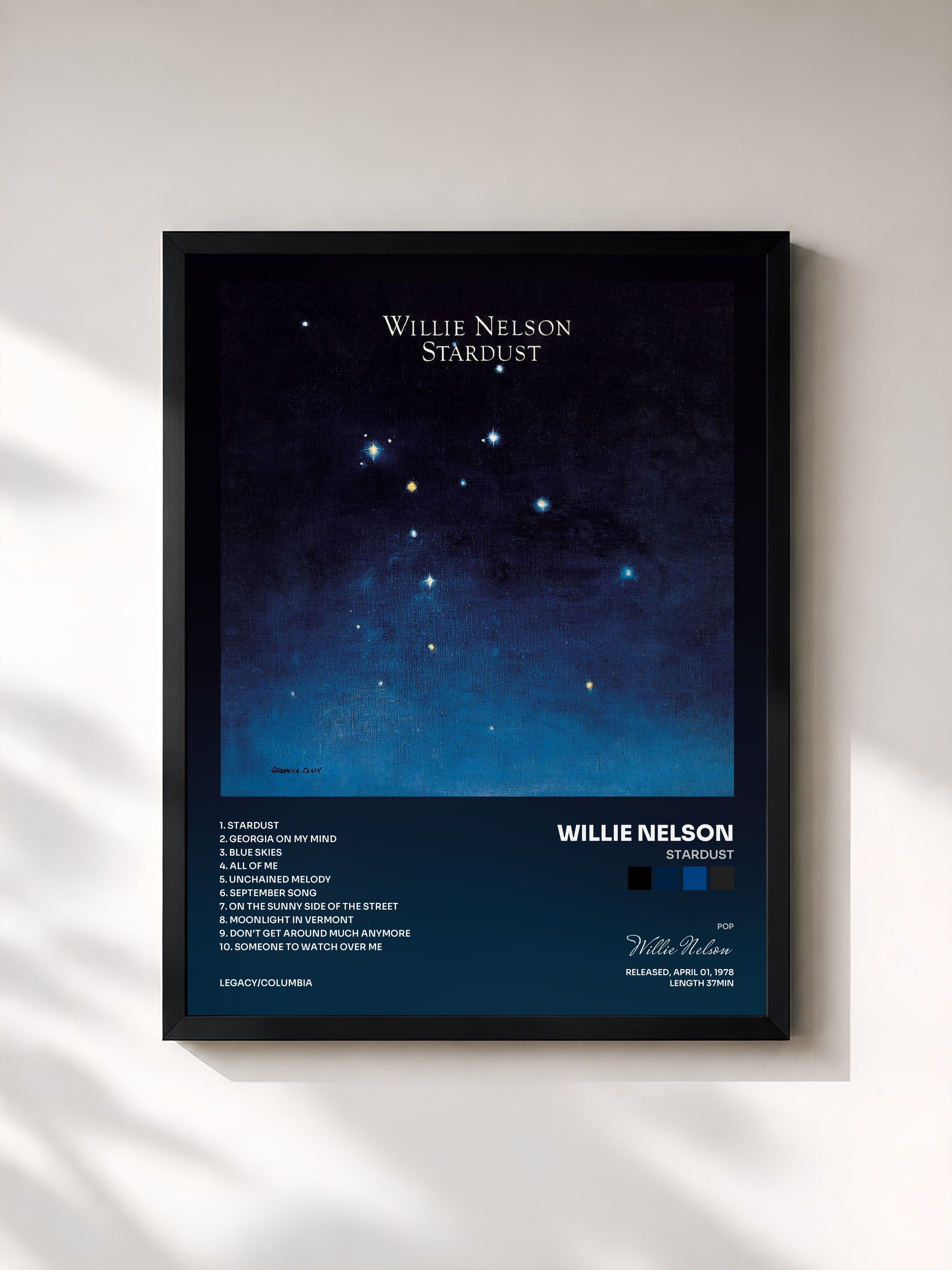 #noir Tableau de l'album Stardust de Willie Nelson, cadre noir, imprimé et encadré en France