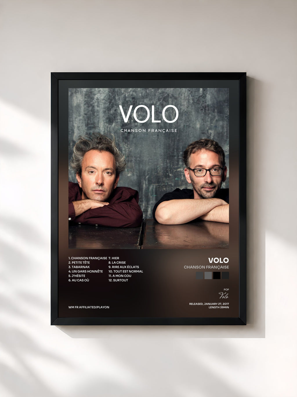 #noir Tableau de l'album Chanson française de Volo, cadre noir, imprimé et encadré en France