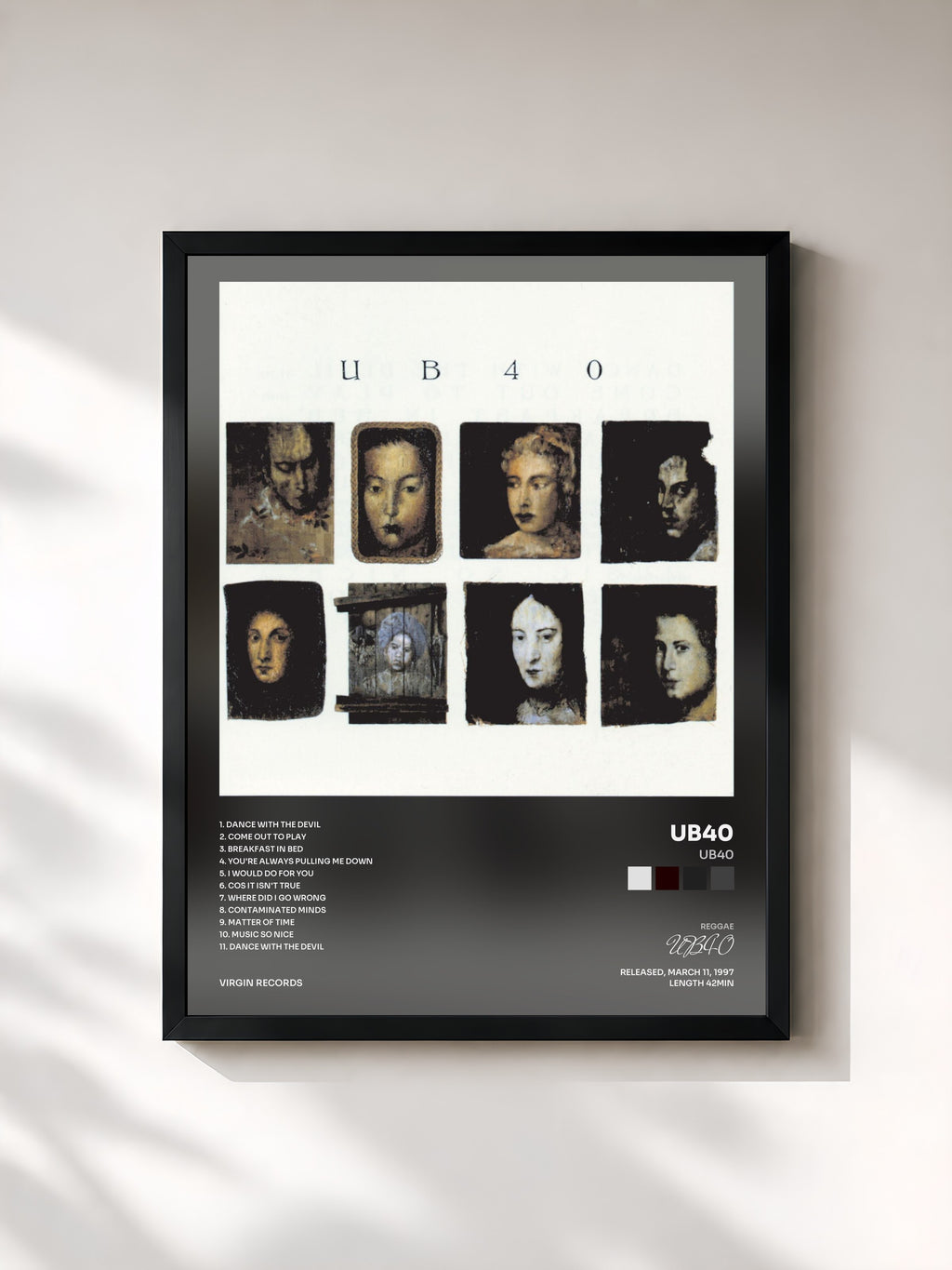 #noir Tableau de l'album UB40 de UB40, cadre noir, imprimé et encadré en France