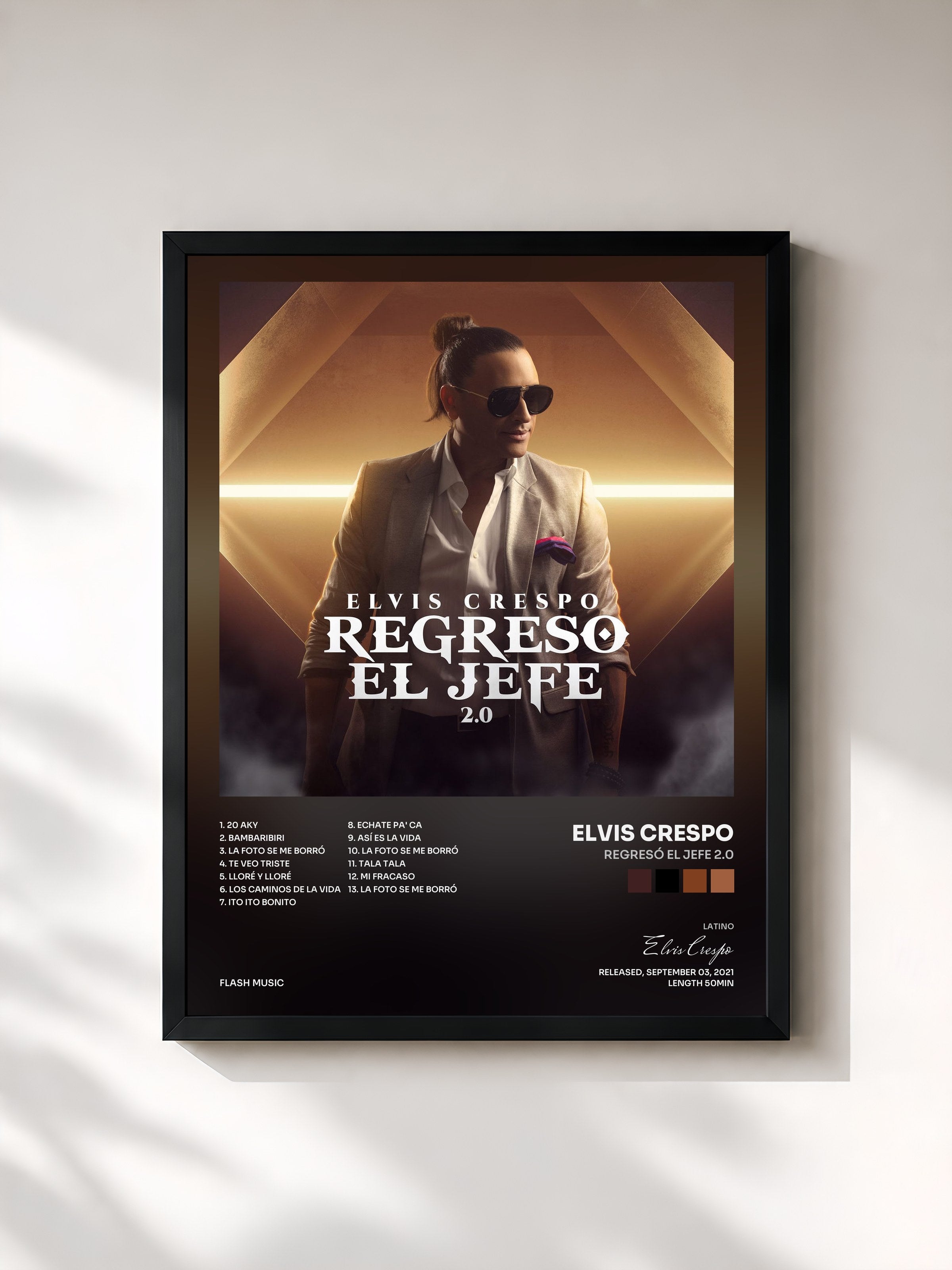 #noir Tableau de l'album Regresó el Jefe 2.0 de Elvis Crespo, cadre noir, imprimé et encadré en France