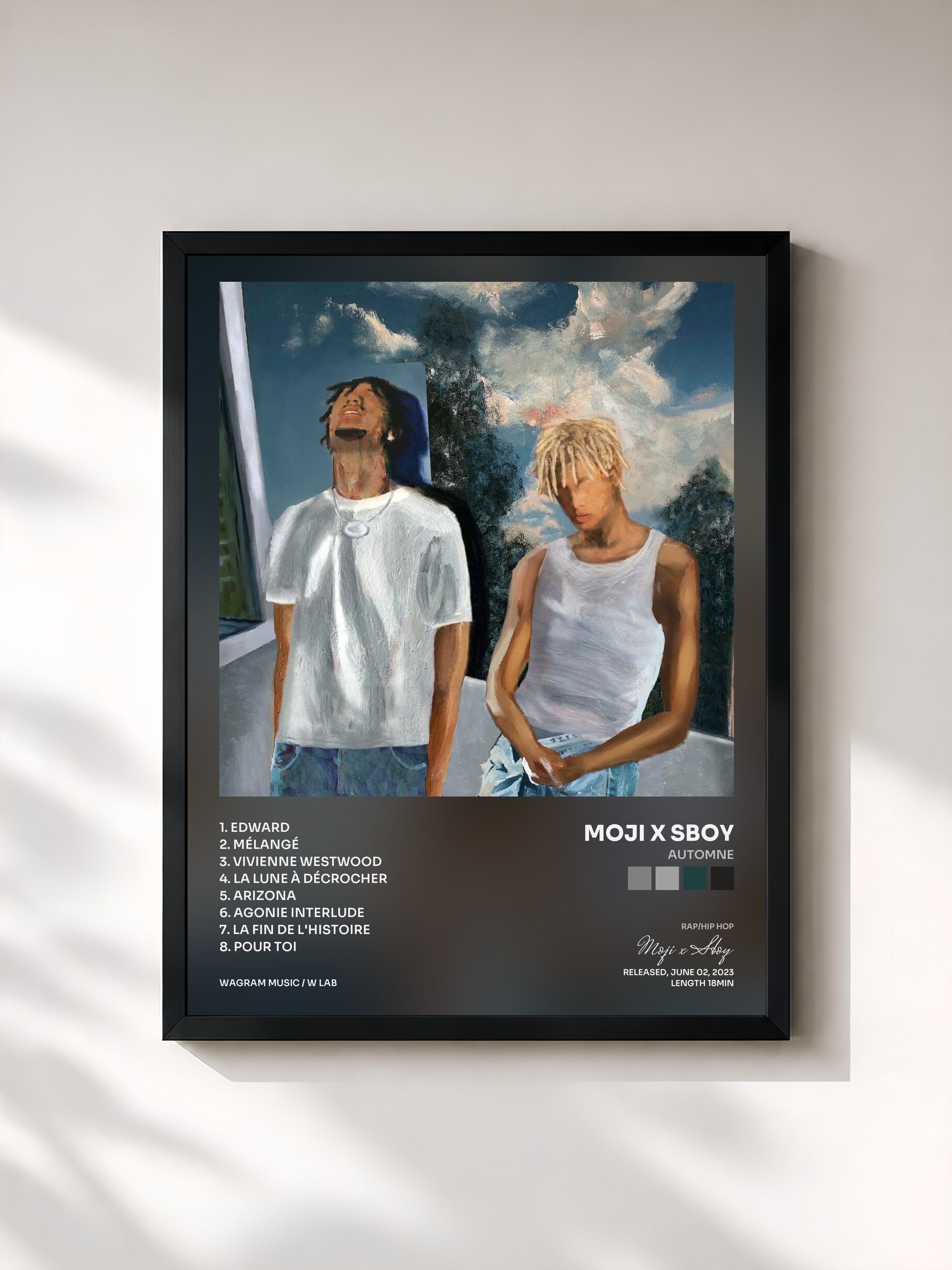 #noir Tableau de l'album AUTOMNE de Moji x Sboy, cadre noir, imprimé et encadré en France