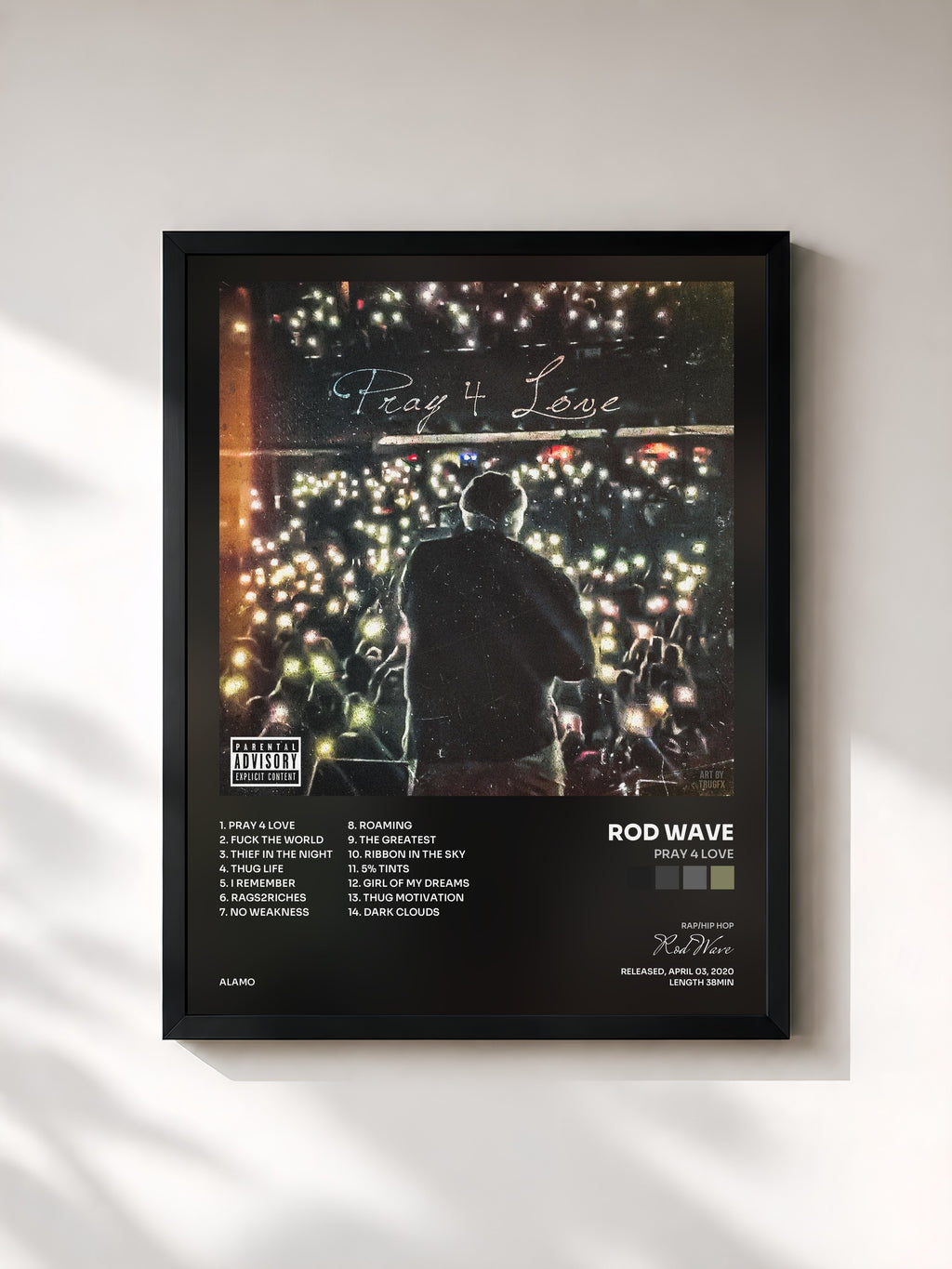 #noir Tableau de l'album Pray 4 Love de Rod Wave, cadre noir, imprimé et encadré en France