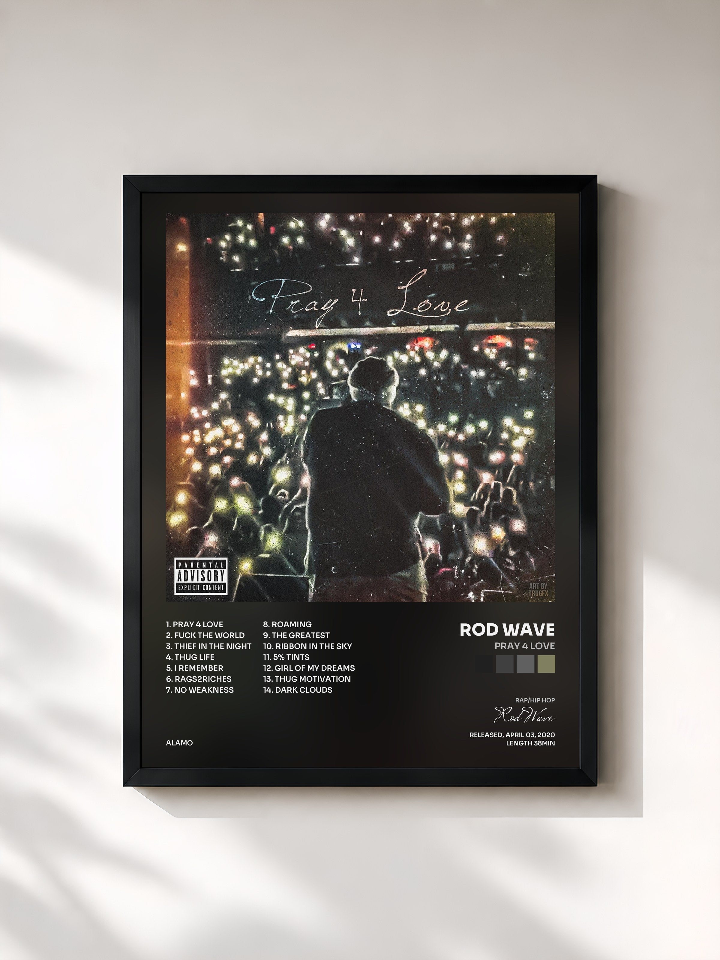 #noir Tableau de l'album Pray 4 Love de Rod Wave, cadre noir, imprimé et encadré en France