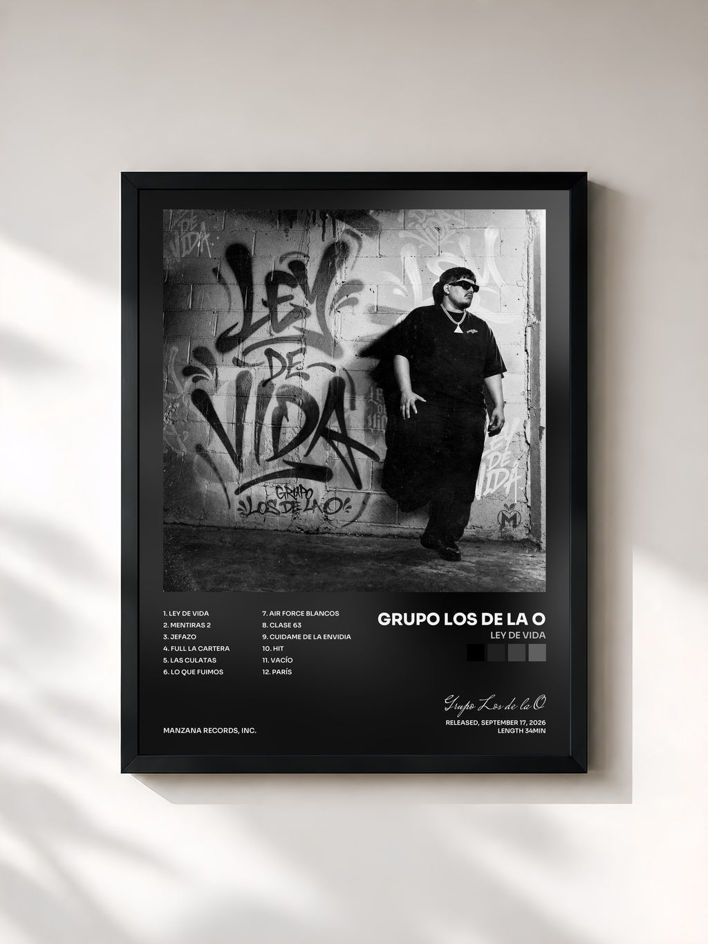 #noir Tableau de l'album LEY DE VIDA de Grupo Los de la O, cadre noir, imprimé et encadré en France