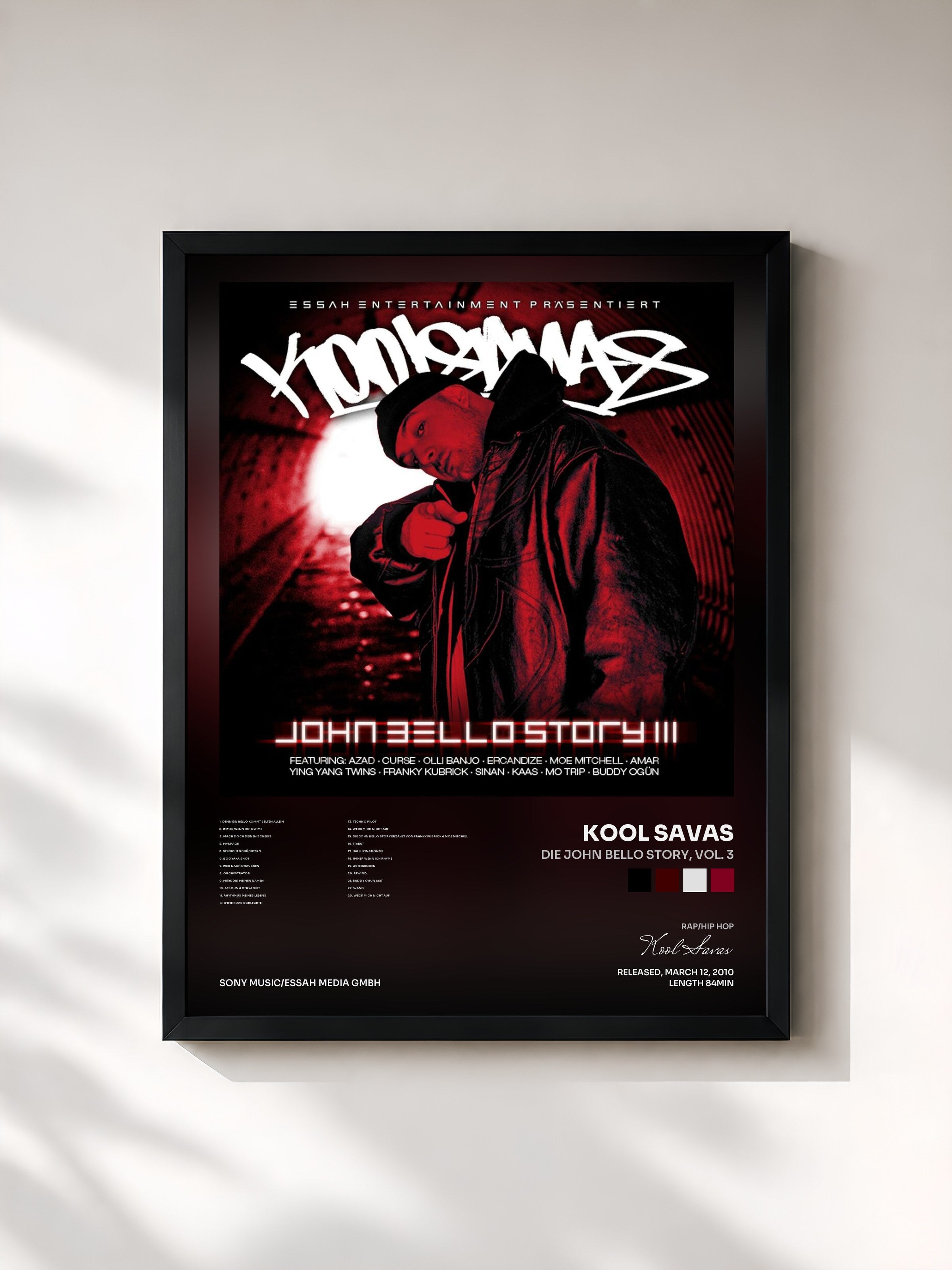 #noir Tableau de l'album Die John Bello Story, Vol. 3 de Kool Savas, cadre noir, imprimé et encadré en France