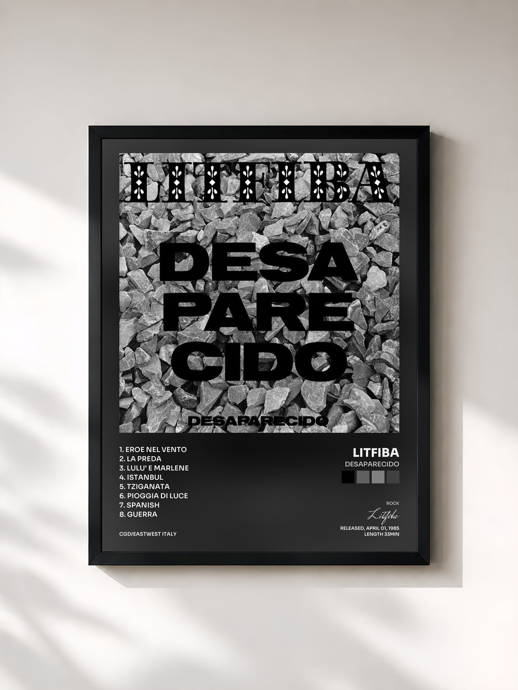 #noir Tableau de l'album Desaparecido de Litfiba, cadre noir, imprimé et encadré en France