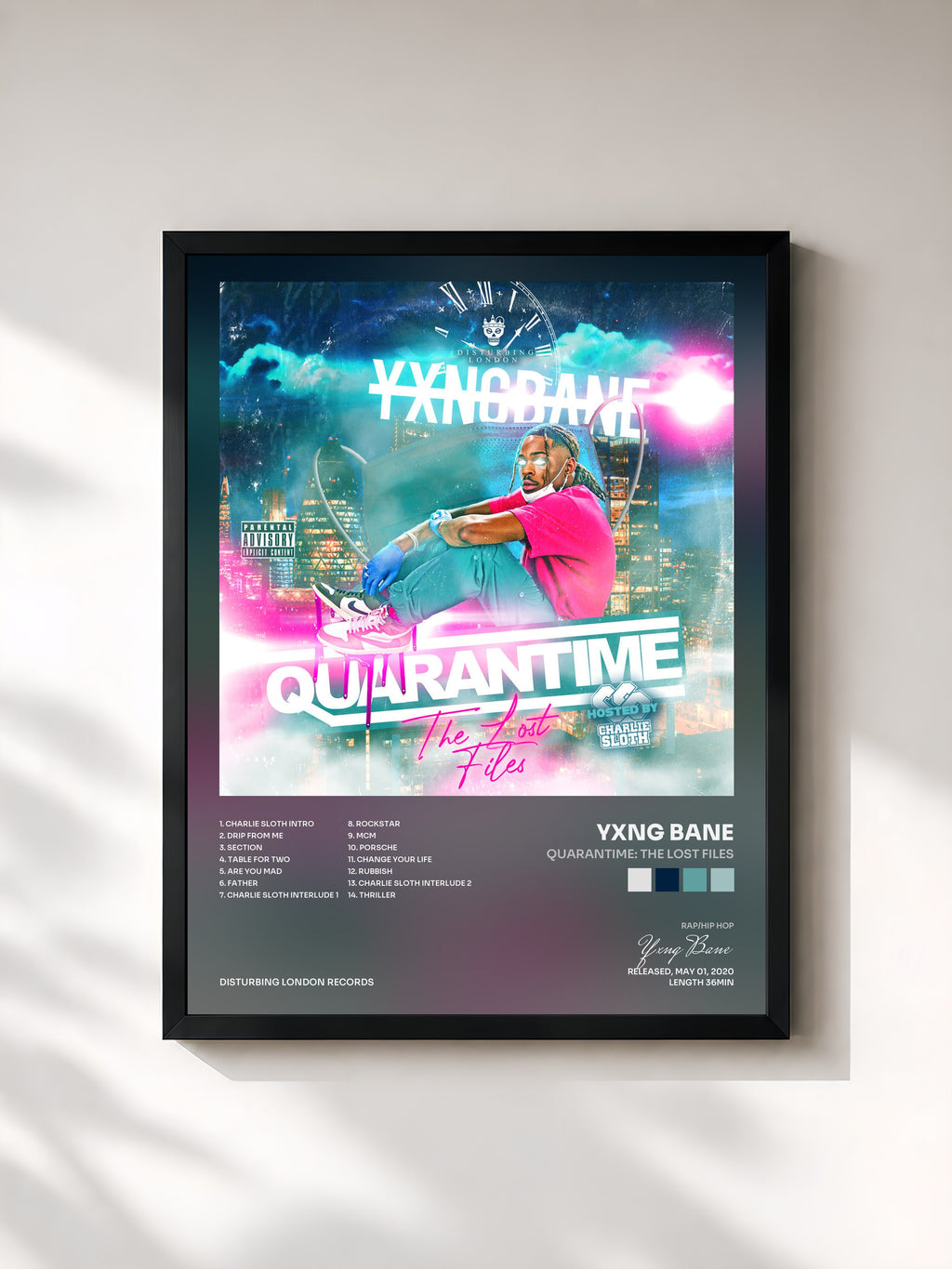 #noir Tableau de l'album Quarantime: The Lost Files de Yxng Bane, cadre noir, imprimé et encadré en France
