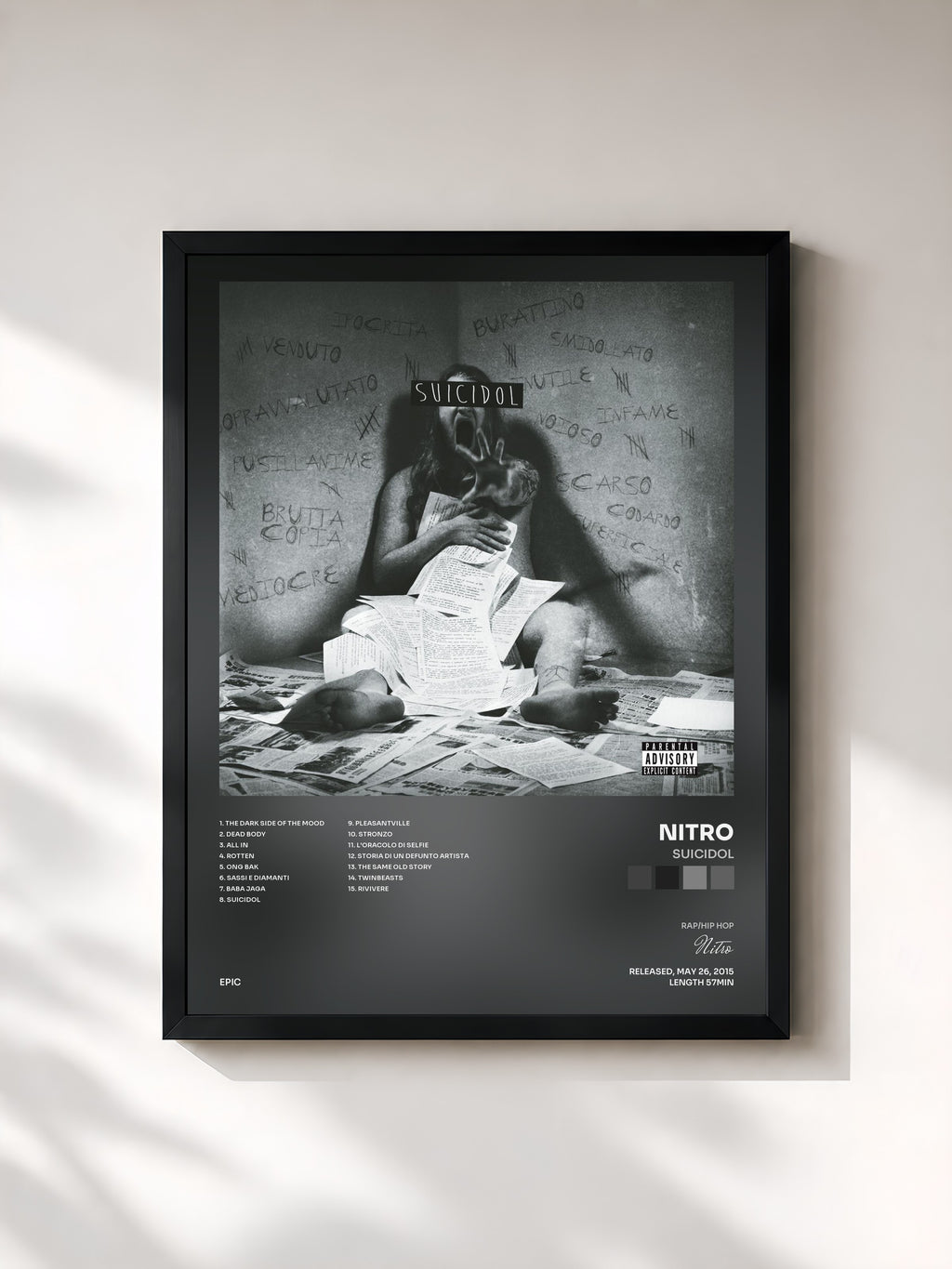 #noir Tableau de l'album Suicidol de Nitro, cadre noir, imprimé et encadré en France