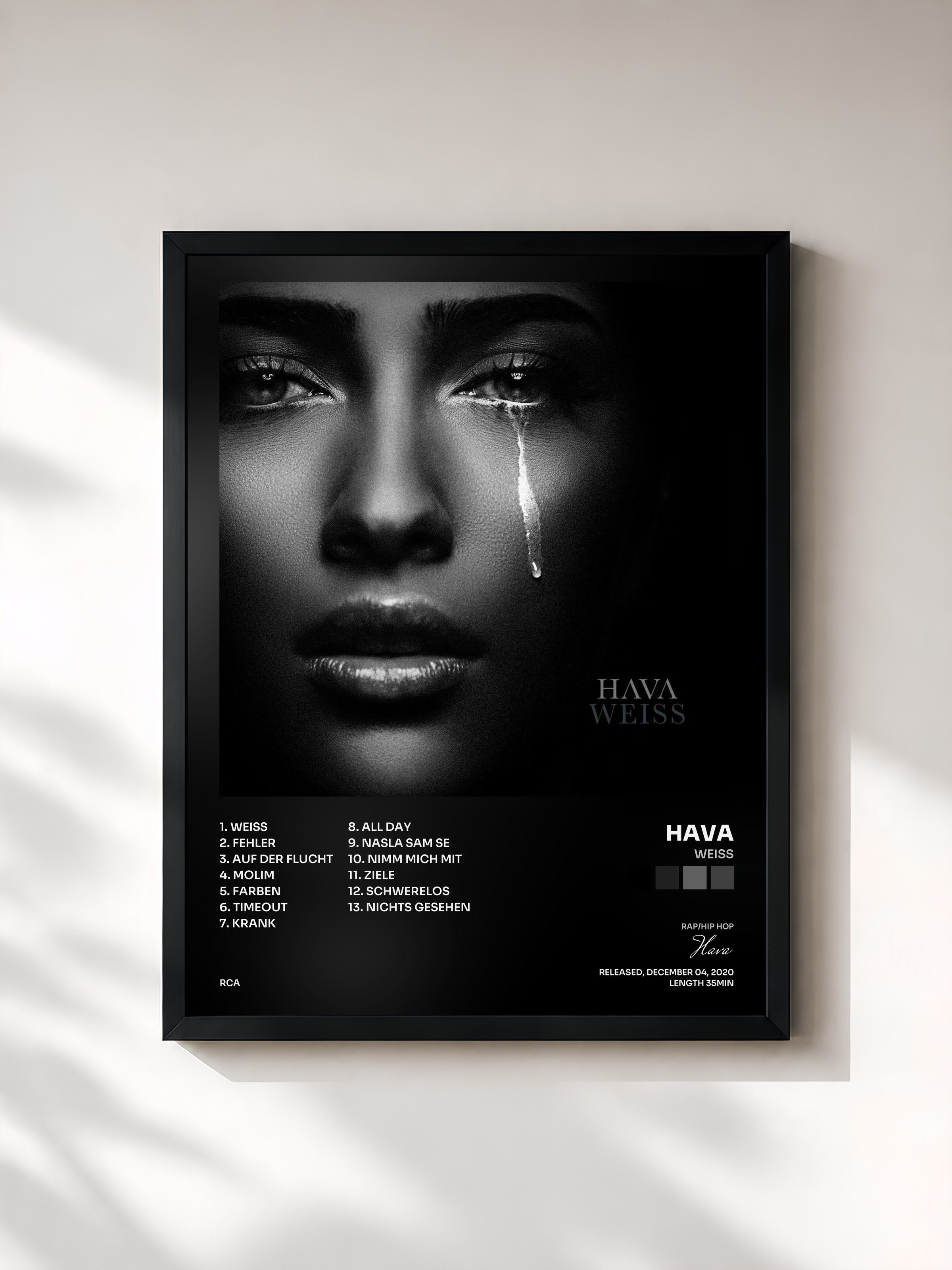 #noir Tableau de l'album Weiss de Hava, cadre noir, imprimé et encadré en France