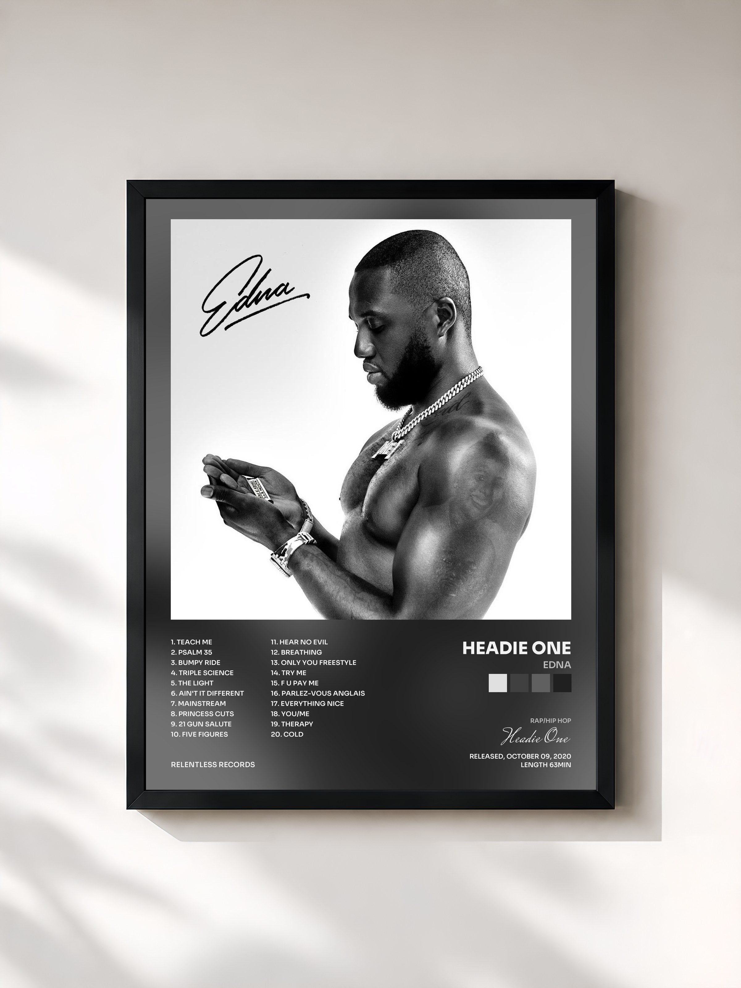 #noir Tableau de l'album EDNA de Headie One, cadre noir, imprimé et encadré en France