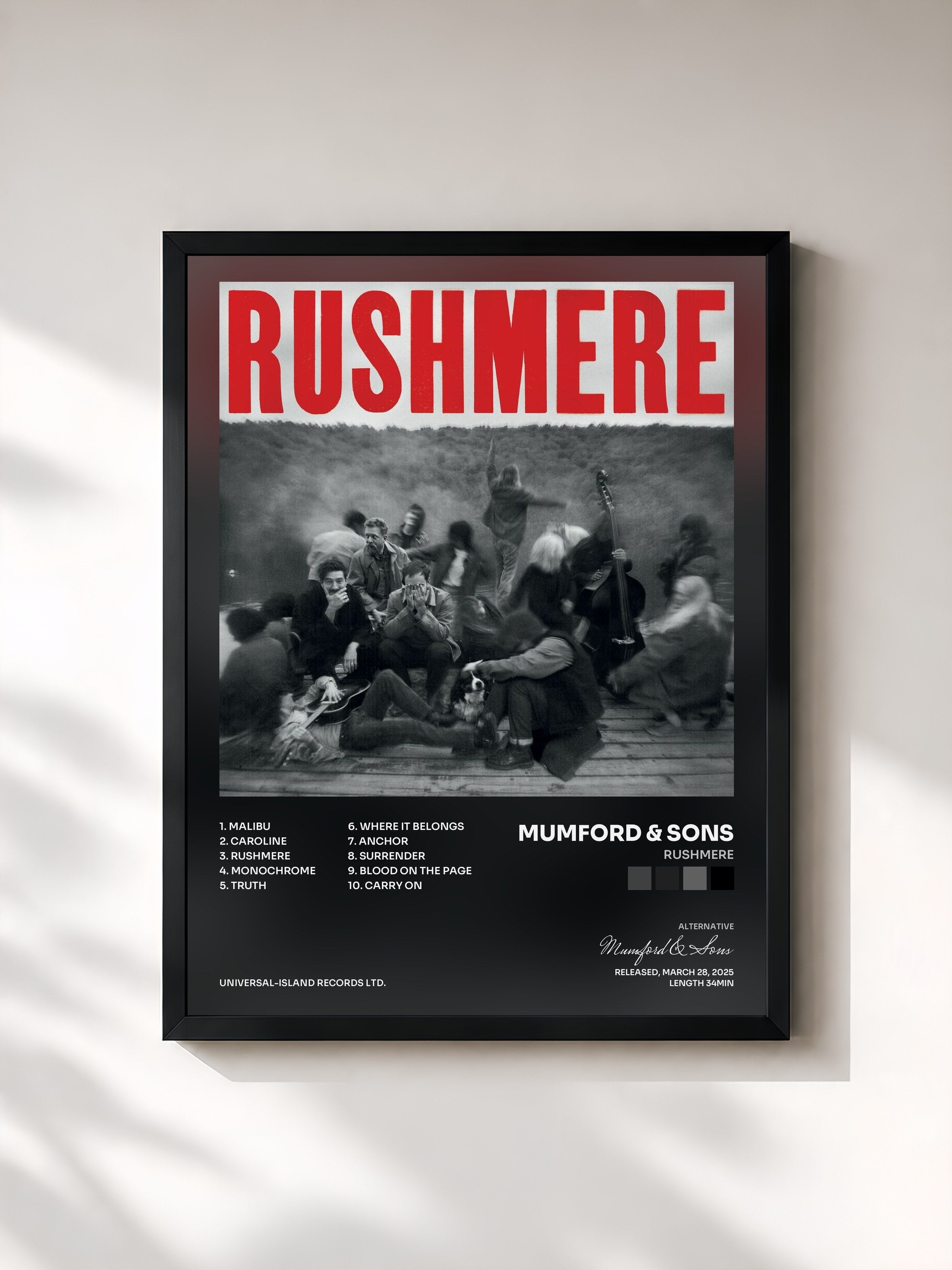 #noir Tableau de l'album RUSHMERE de Mumford & Sons, cadre noir, imprimé et encadré en France