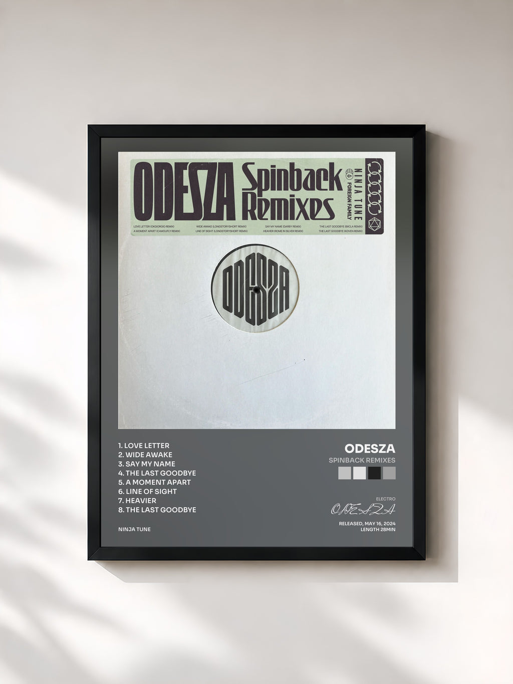 #noir Tableau de l'album Spinback Remixes de ODESZA, cadre noir, imprimé et encadré en France