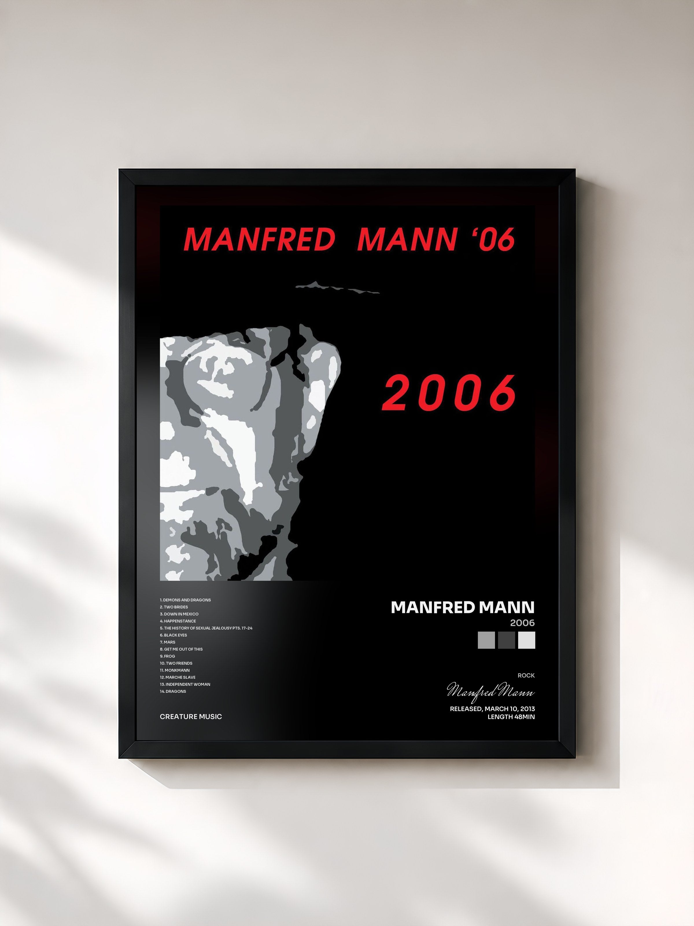 #noir Tableau de l'album 2006 de Manfred Mann, cadre noir, imprimé et encadré en France