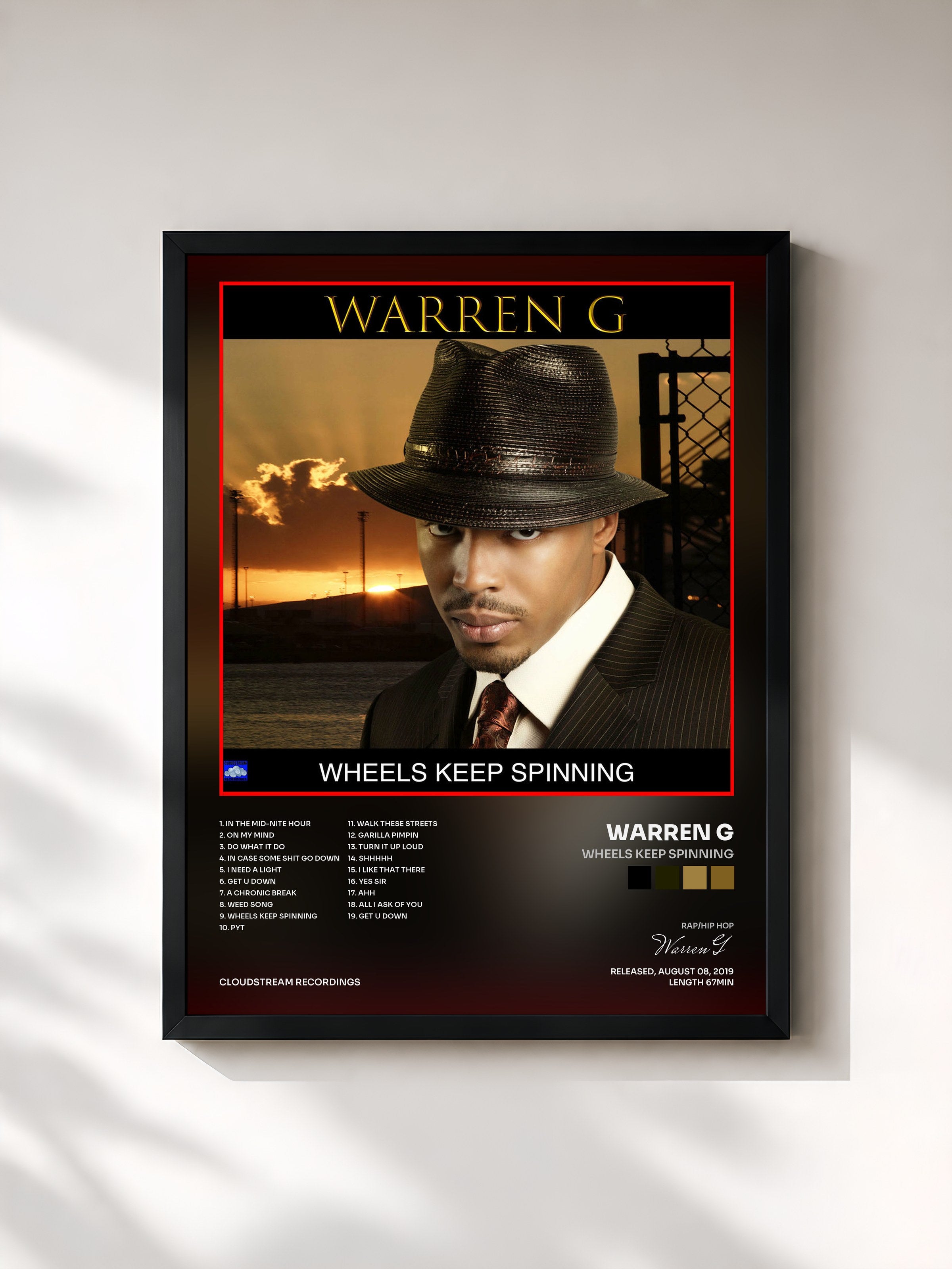 #noir Tableau de l'album Wheels Keep Spinning de Warren G, cadre noir, imprimé et encadré en France