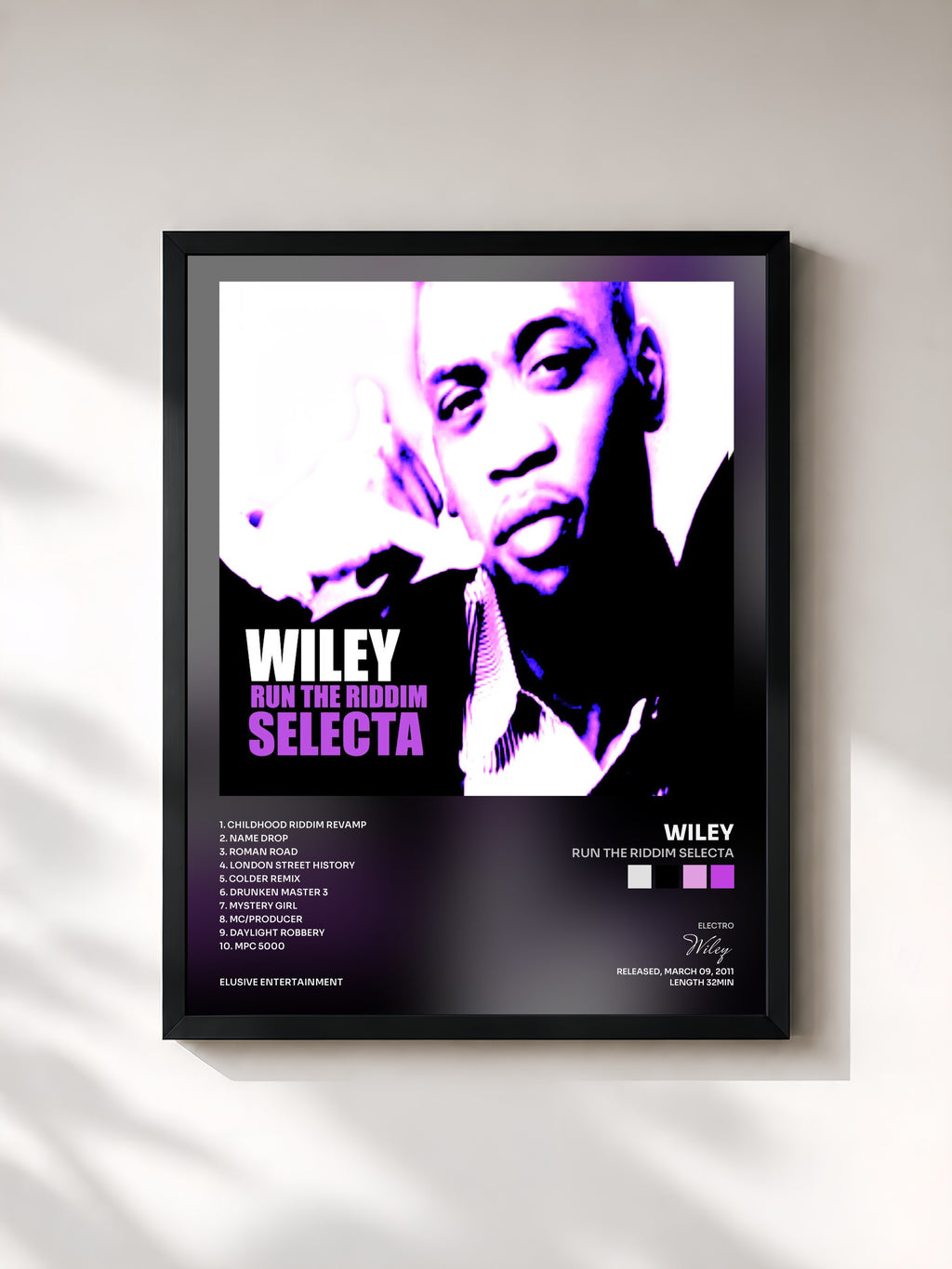 #noir Tableau de l'album Run the Riddim Selecta de Wiley, cadre noir, imprimé et encadré en France
