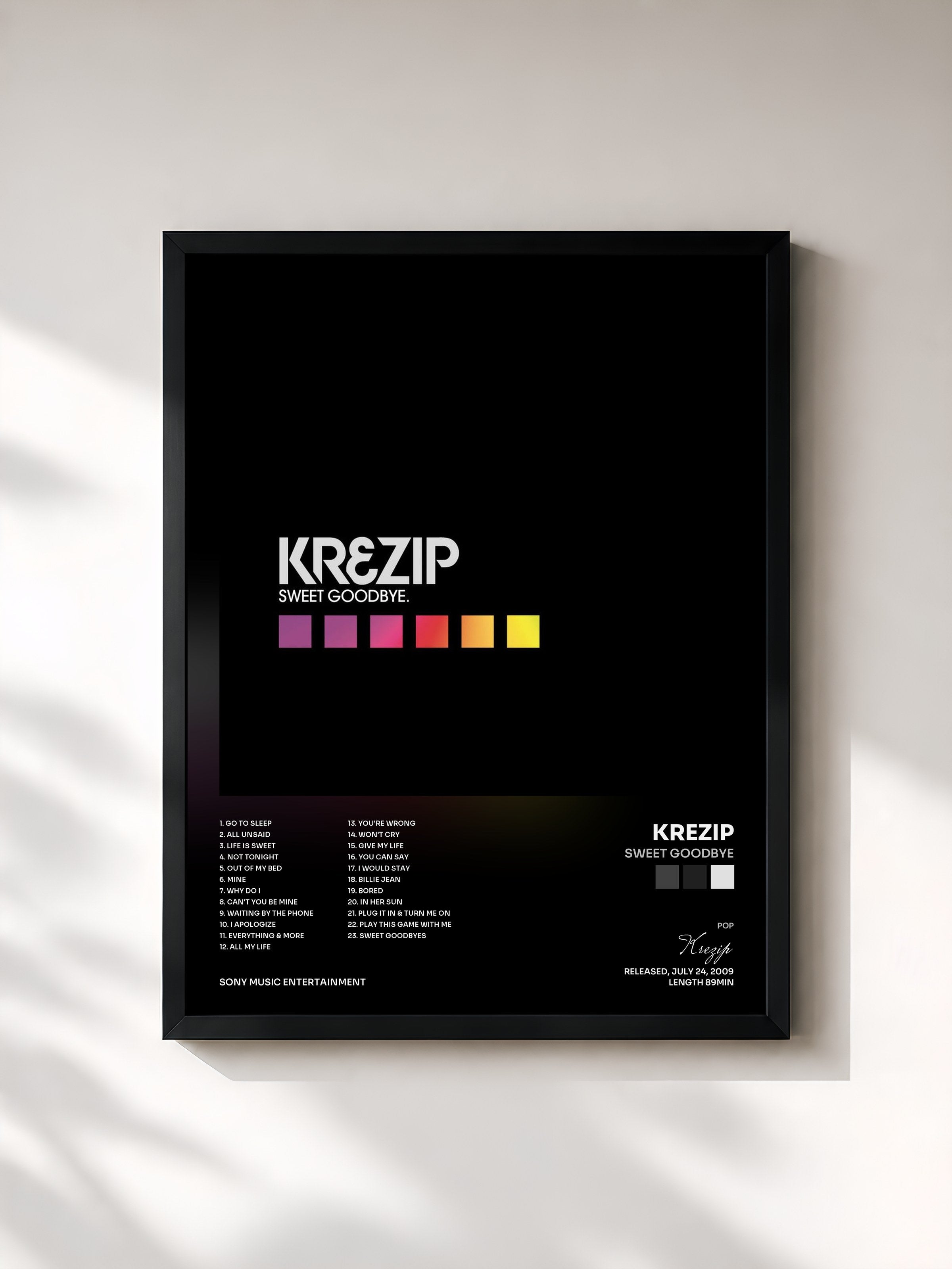 #noir Tableau de l'album Sweet Goodbye de Krezip, cadre noir, imprimé et encadré en France