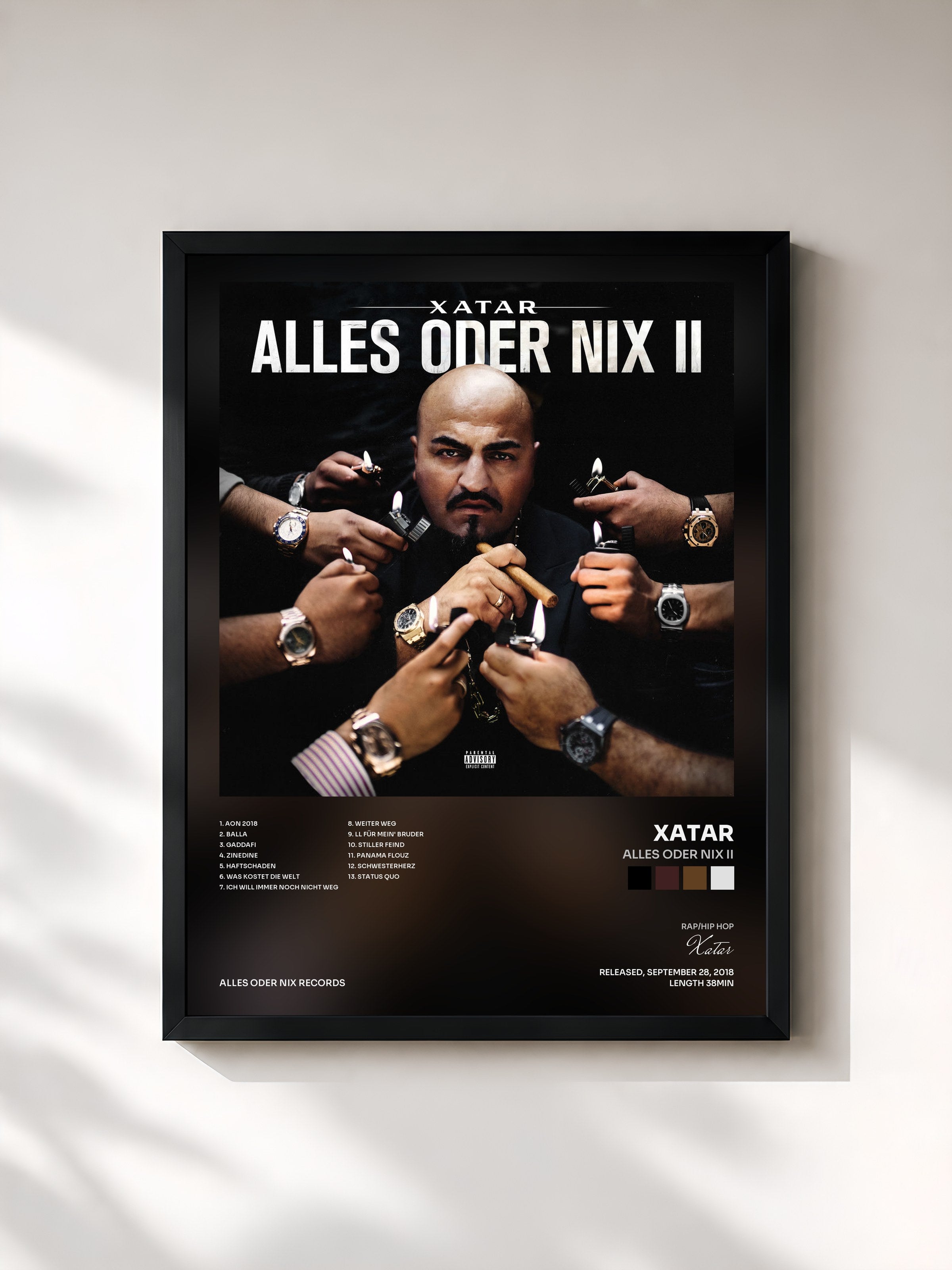 #noir Tableau de l'album ALLES ODER NIX II de Xatar, cadre noir, imprimé et encadré en France