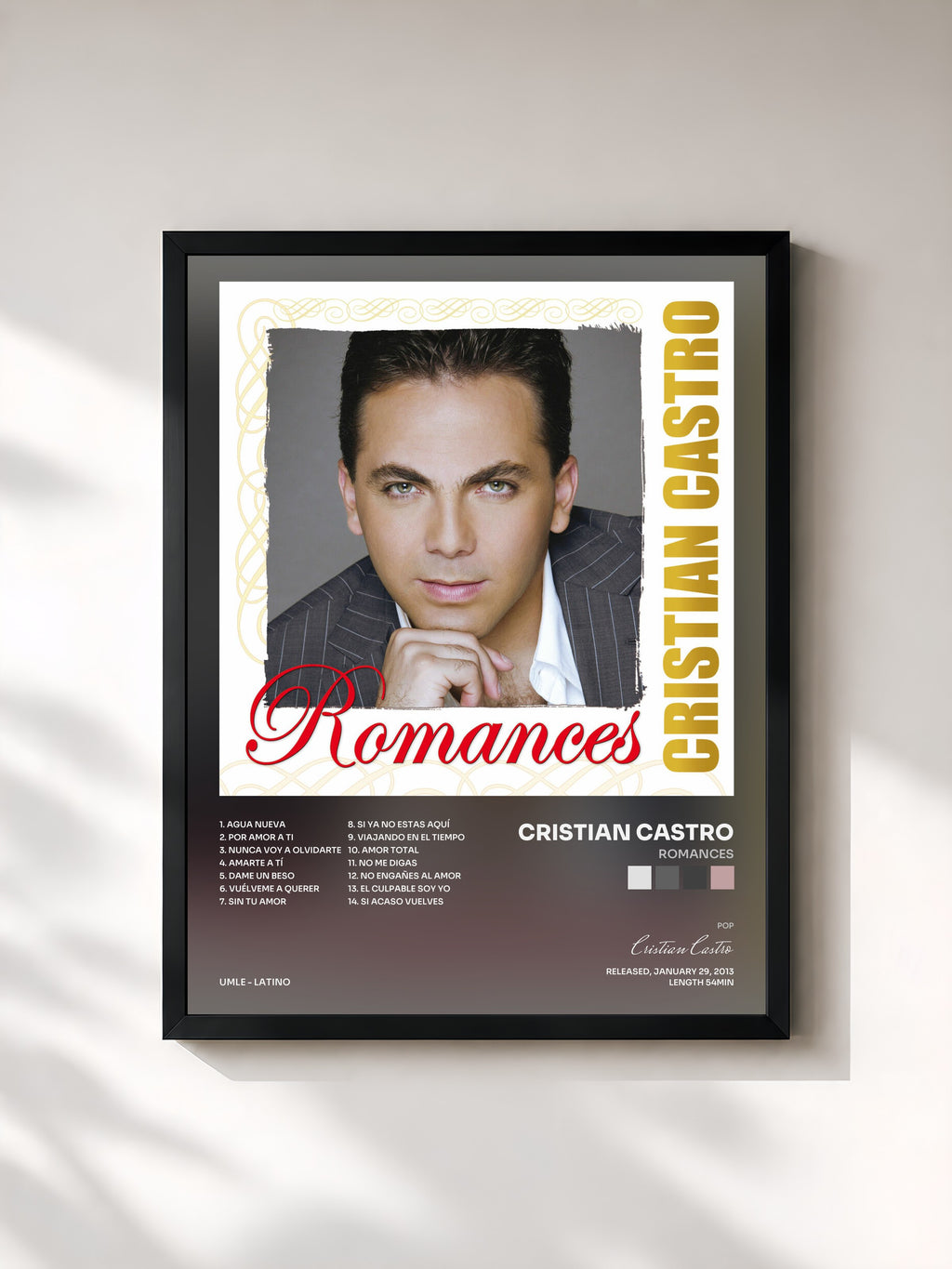 #noir Tableau de l'album Romances de Cristian Castro, cadre noir, imprimé et encadré en France