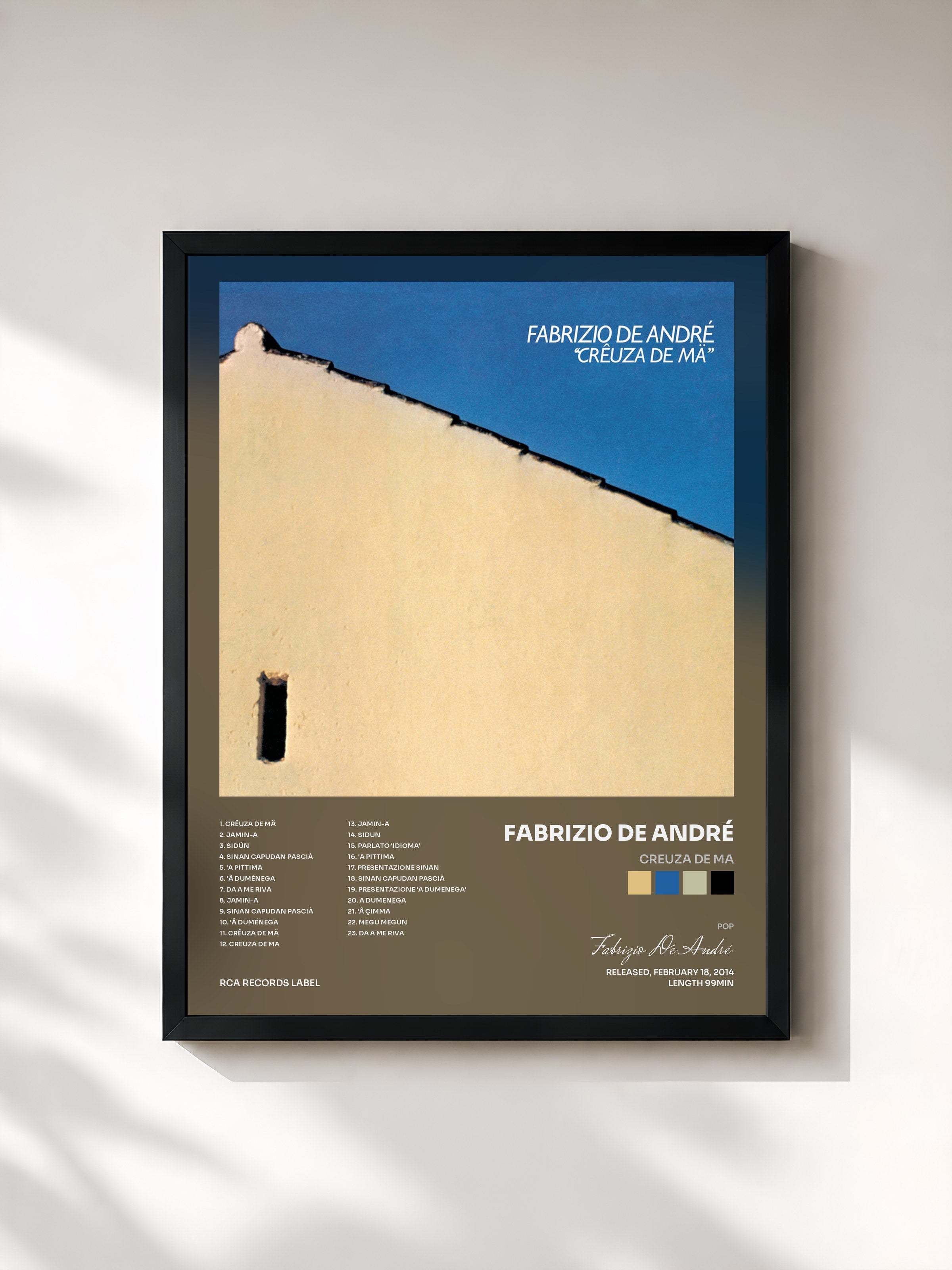 #noir Tableau de l'album Creuza de ma de Fabrizio De André, cadre noir, imprimé et encadré en France