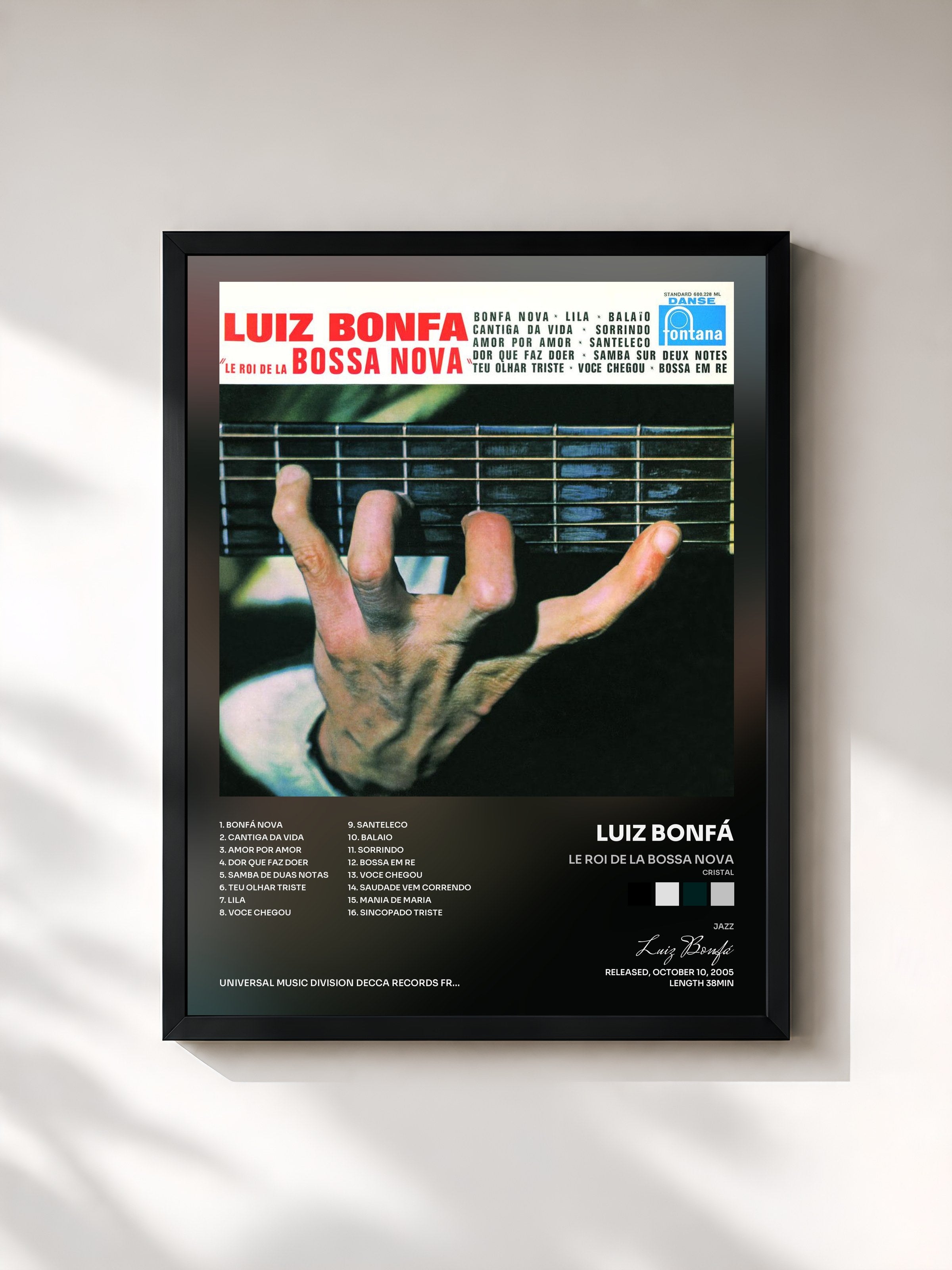 #noir Tableau de l'album Le Roi de la Bossa Nova (Cristal) de Luiz Bonfá, cadre noir, imprimé et encadré en France