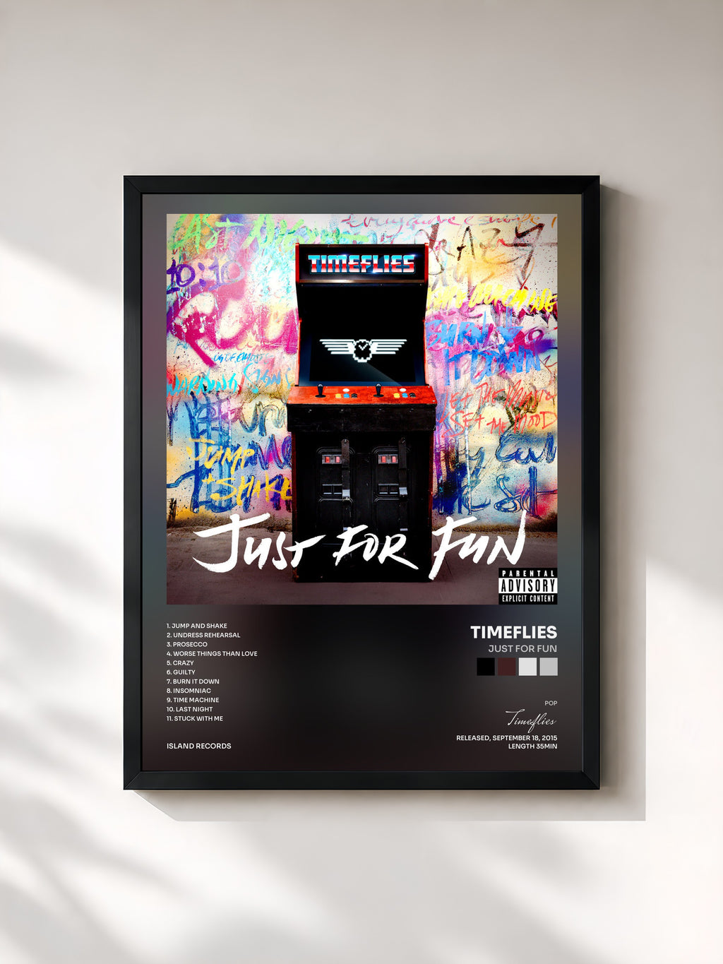 #noir Tableau de l'album Just For Fun de Timeflies, cadre noir, imprimé et encadré en France