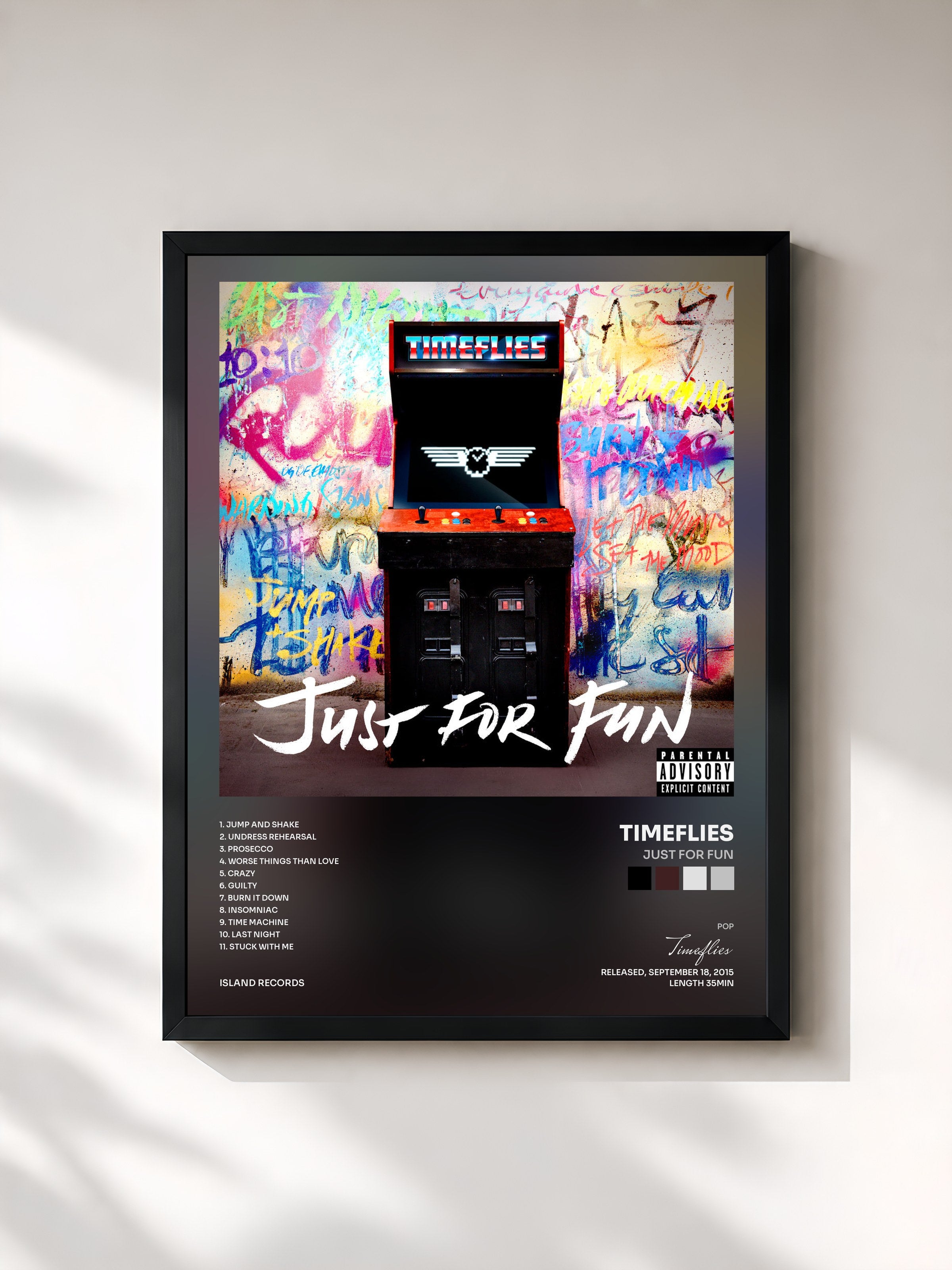 #noir Tableau de l'album Just For Fun de Timeflies, cadre noir, imprimé et encadré en France