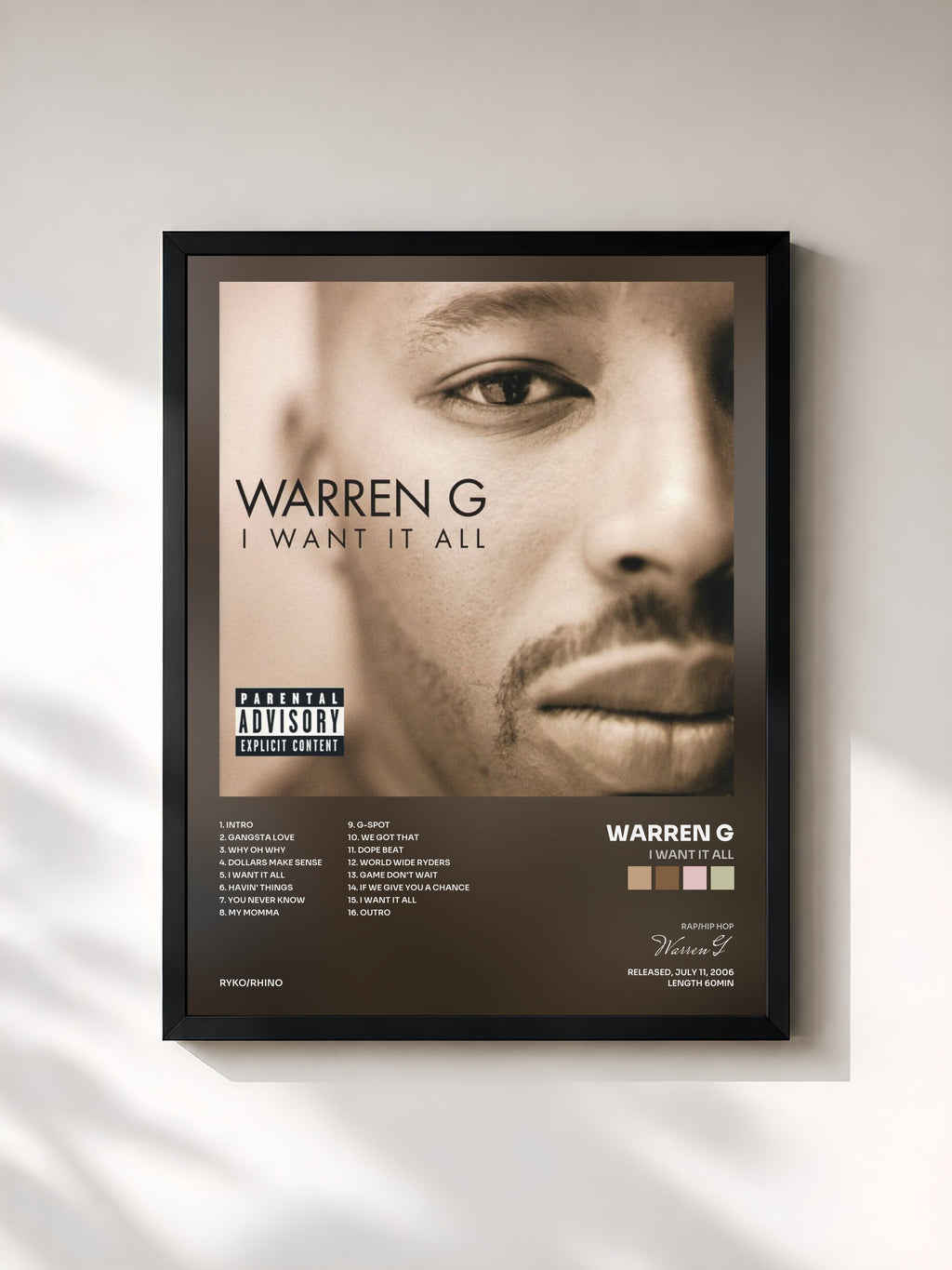 #noir Tableau de l'album I Want It All de Warren G, cadre noir, imprimé et encadré en France