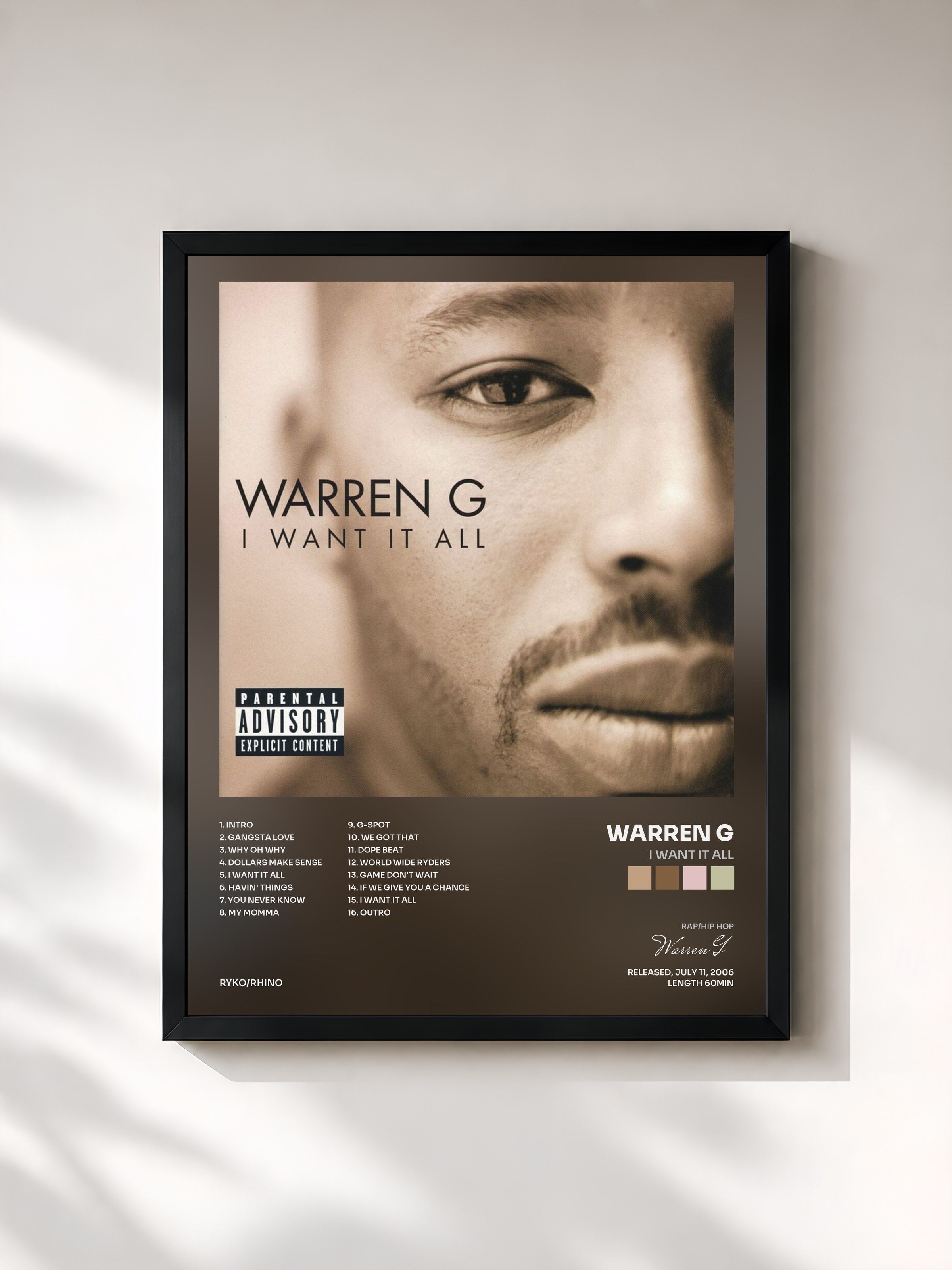 #noir Tableau de l'album I Want It All de Warren G, cadre noir, imprimé et encadré en France